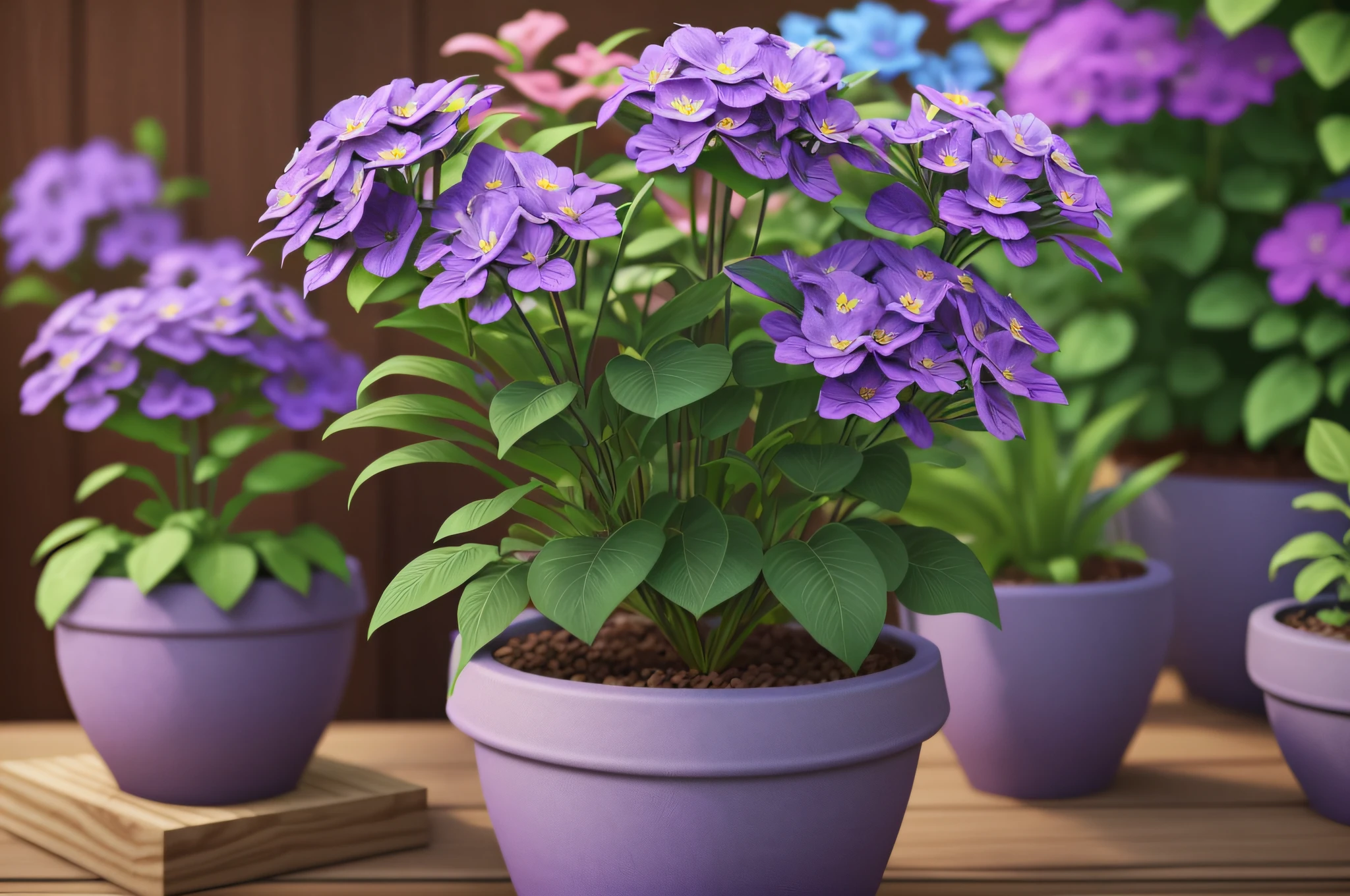 purple flowers in a pot on a wooden table in a garden, potted plants, flower pots, blue and purple plants, potted plant, beautiful plants, purple flowers, decorative flowers, purple and green colors, lush plants flowers, photoreal render, beautiful rendered, 3d with depth of field, violet flowers, 3 d photorealistic render, pots with plants --auto --s2