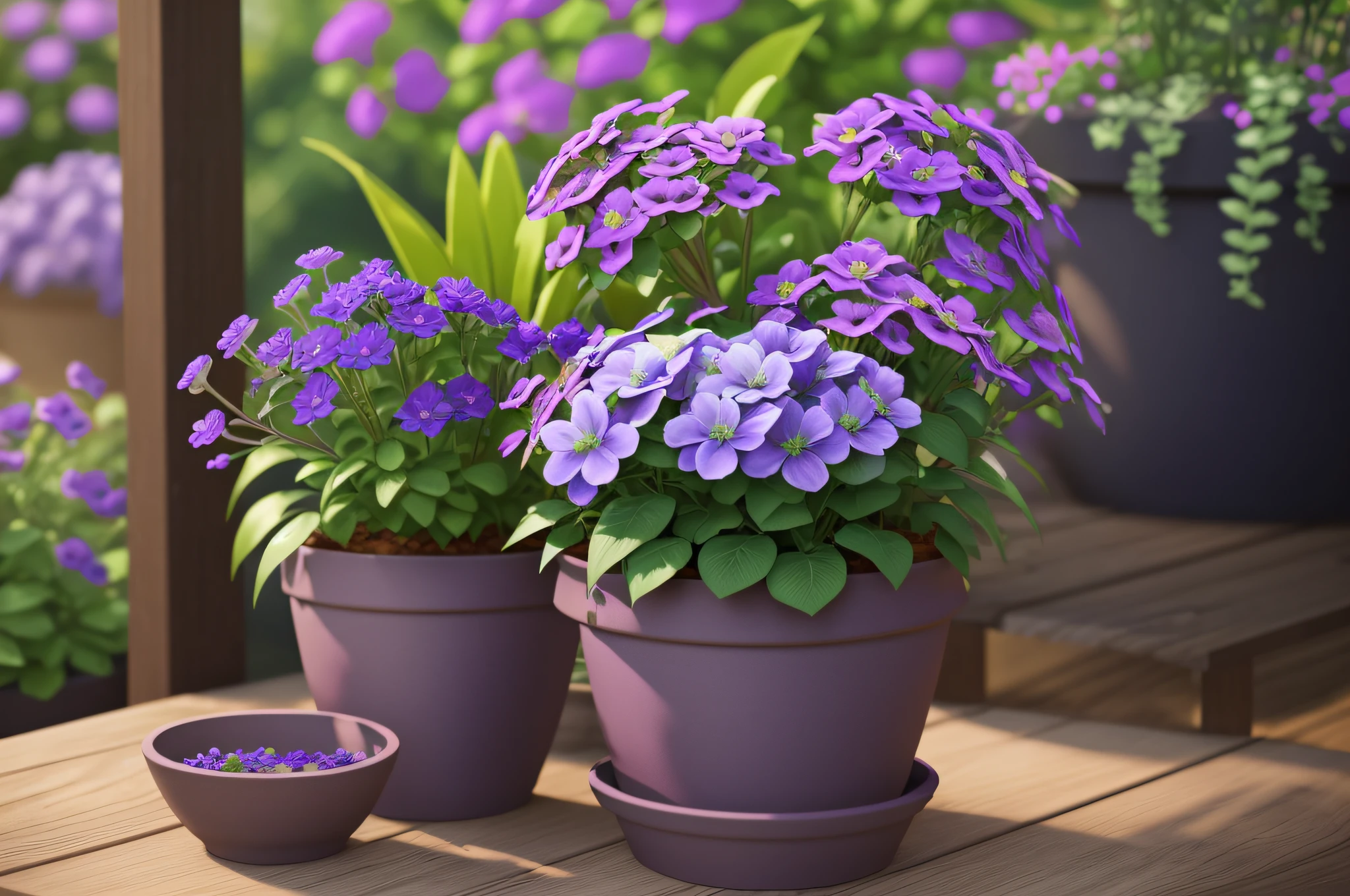 purple flowers in a pot on a wooden table in a garden, potted plants, flower pots, blue and purple plants, potted plant, beautiful plants, purple flowers, decorative flowers, purple and green colors, lush plants flowers, photoreal render, beautiful rendered, 3d with depth of field, violet flowers, 3 d photorealistic render, pots with plants --auto --s2