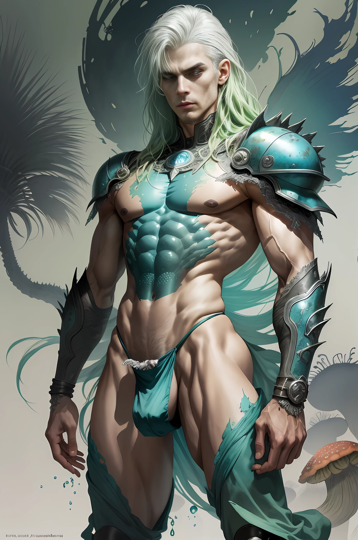 (masterpiece, best quality), 1boy,  wearing micro thong, full mast, erect bulge, see-through thong , mushroom water world, wide angle, athletic body, male, iridescent skin, flat chest, silver eyes, green hair styled in spikes, determined expression, bioluminescent lighting, small waist, broad chest, big mane, slim scruffy, muscular , illustration, watercolor ink sketch, (best quality)), intricate detailed,solo, masterpiece,