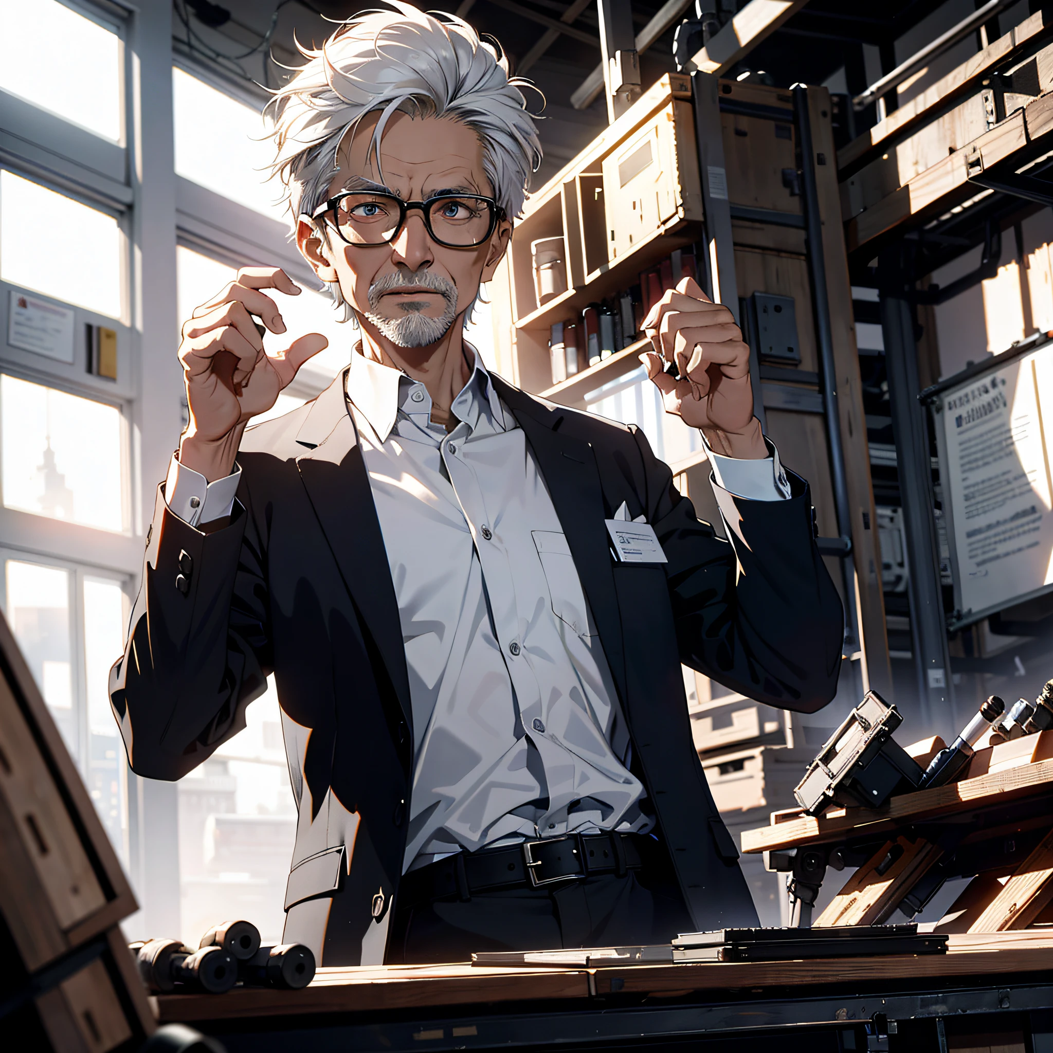 Absurd resolution, high resolution, (masterpiece: 1.4), hyper-detail, inside an abandoned factory, an old man with short white hair dressed as a scientist (1.5), very excited expression, open mouth, high-tech workbench, tech-sense screen, tech-tech robotic arm, blazer white shirt