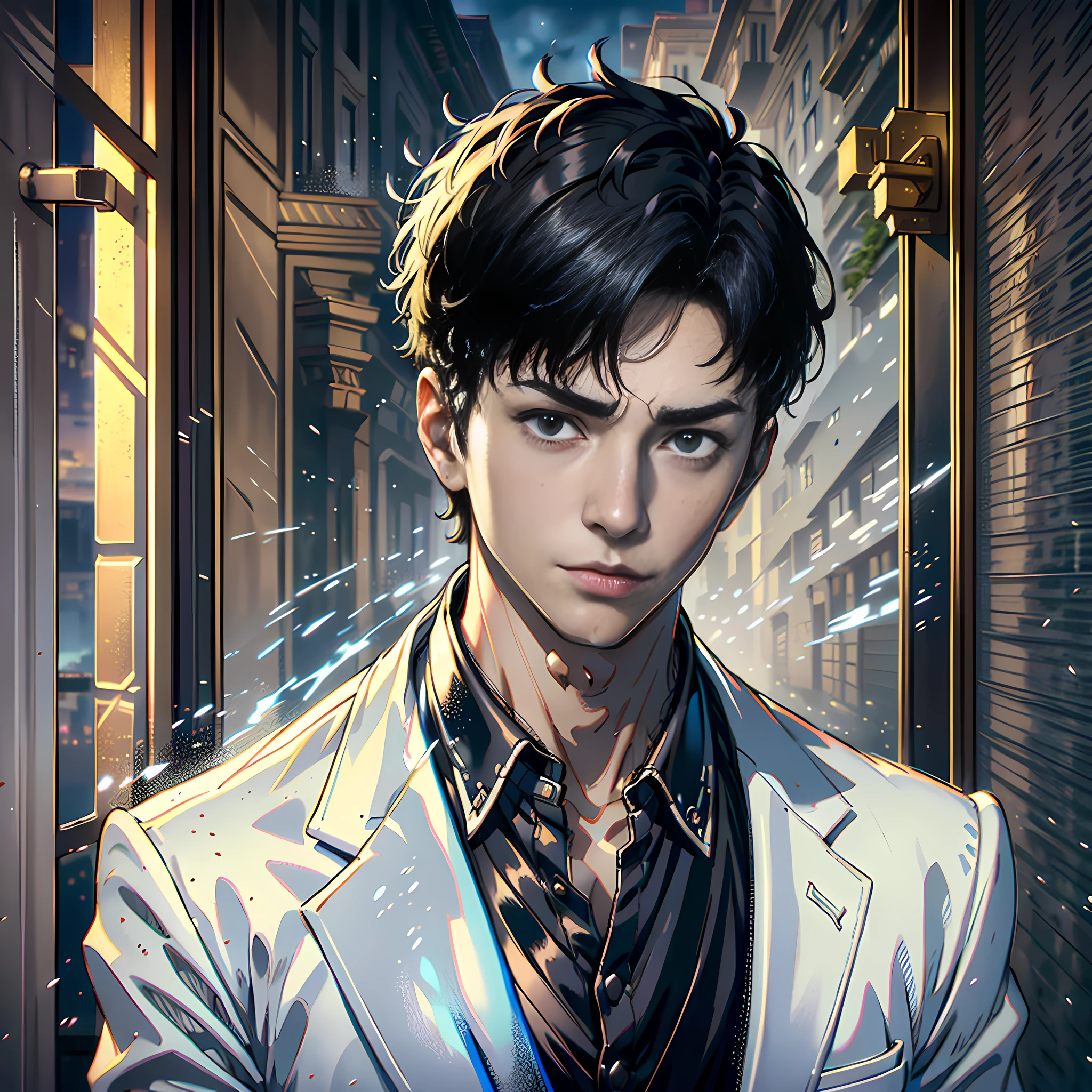 At night, a handsome boy is thinking, standing at the gate of the villa, white suit, facial hyper-detailed, short black hair, black eyes, facial hyper-detailed, highly real, 4K, chiaroscuro, ultra-high detail