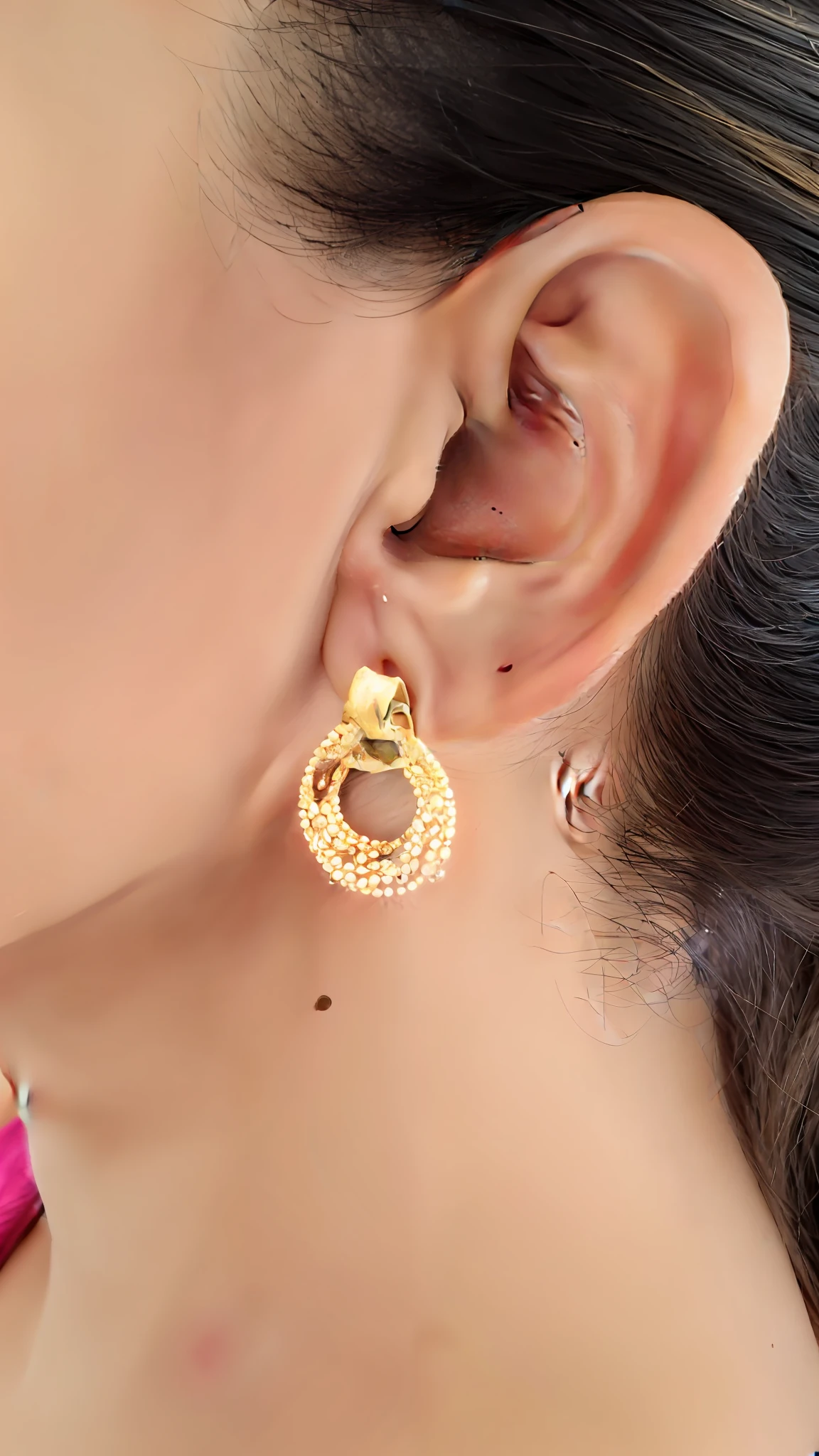 a close up of a woman wearing a pair of gold earrings, golden earrings, gold earring, earings, gold hoop earings, earrings, with small studded earings, an earring, gold plated, multiple earrings, small studded earings, earring design, gold jewellery, hoop earrings, gold jewelry, earring, wearing ornate earrings, golden jewellery, side view intricate details
