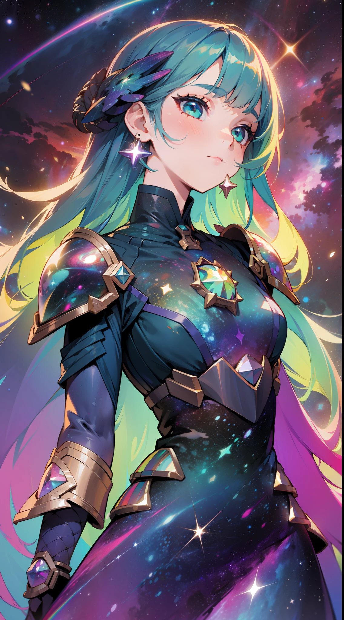 a girl with rainbow colored hair and detailed teal dress armor, standing, rainbow colored cosmic nebula background, stars, galaxies, intricate details, perfect face