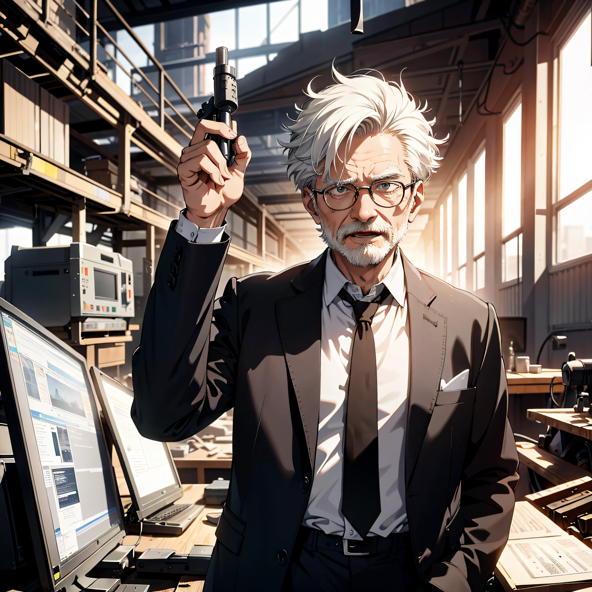 Absurd resolution, high resolution, (masterpiece: 1.4), hyper-detail, inside an abandoned factory, an old man with short white hair dressed as a scientist (1.5), very excited expression, open mouth, high-tech workbench, tech-sense screen, tech-tech robotic arm, blazer white shirt