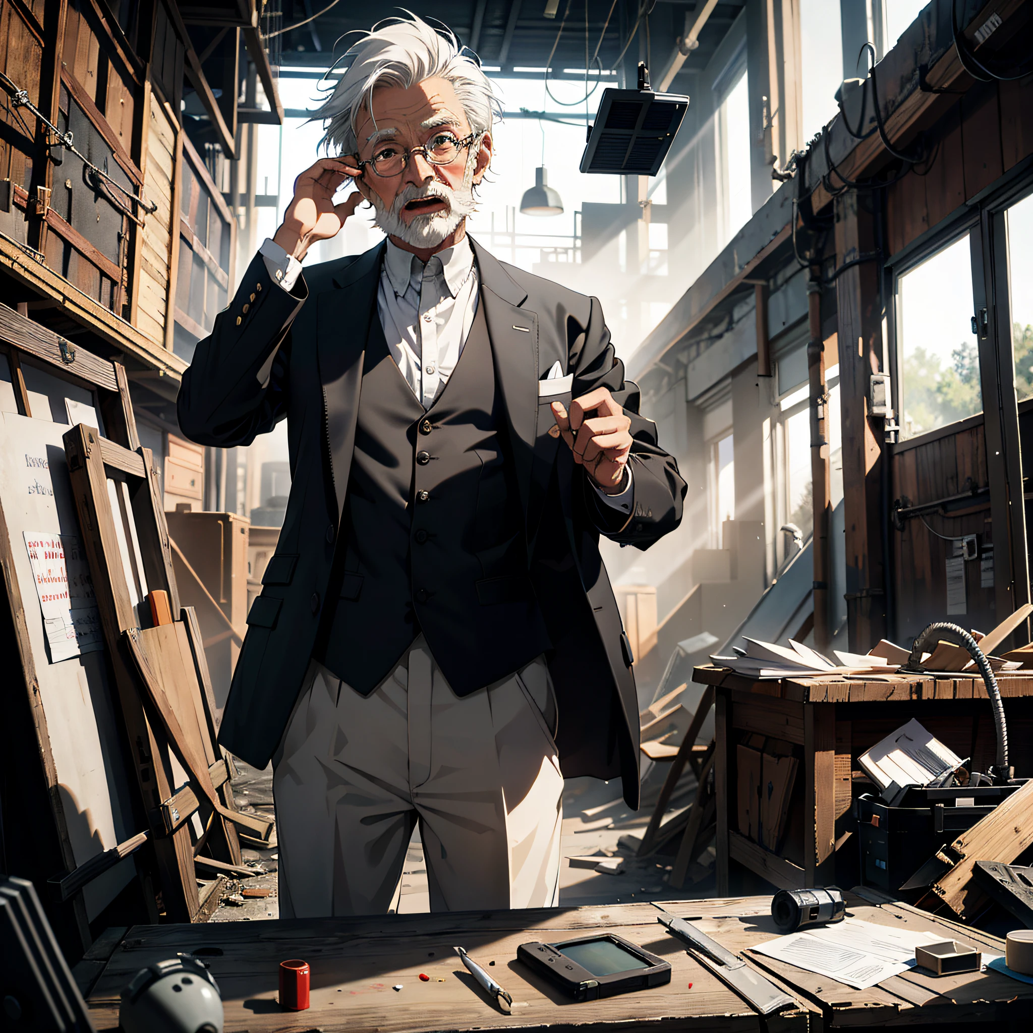 Absurd resolution, high resolution, (masterpiece: 1.4), hyper-detail, inside an abandoned factory, an old man with short white hair dressed as a scientist (1.5), a shocked and surprised expression, open mouth, high-tech workbench, tech-sense screen, tech-enabled robotic arm, blazer and white shirt
