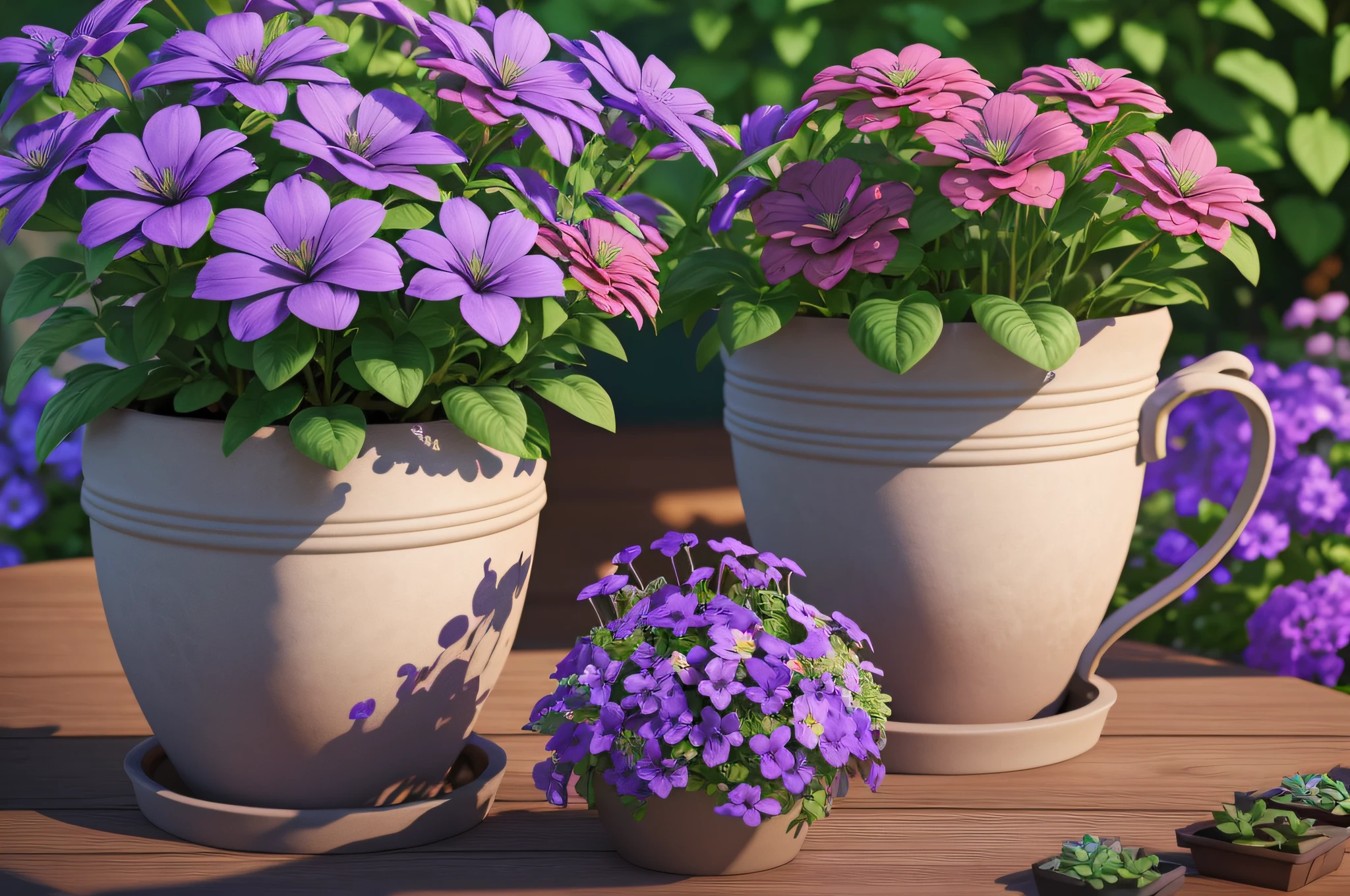 purple flowers in a pot on a wooden table in a garden, potted plants, flower pots, blue and purple plants, potted plant, beautiful plants, purple flowers, decorative flowers, purple and green colors, lush plants flowers, photoreal render, beautiful rendered, 3d with depth of field, violet flowers, 3 d photorealistic render, pots with plants --auto --s2