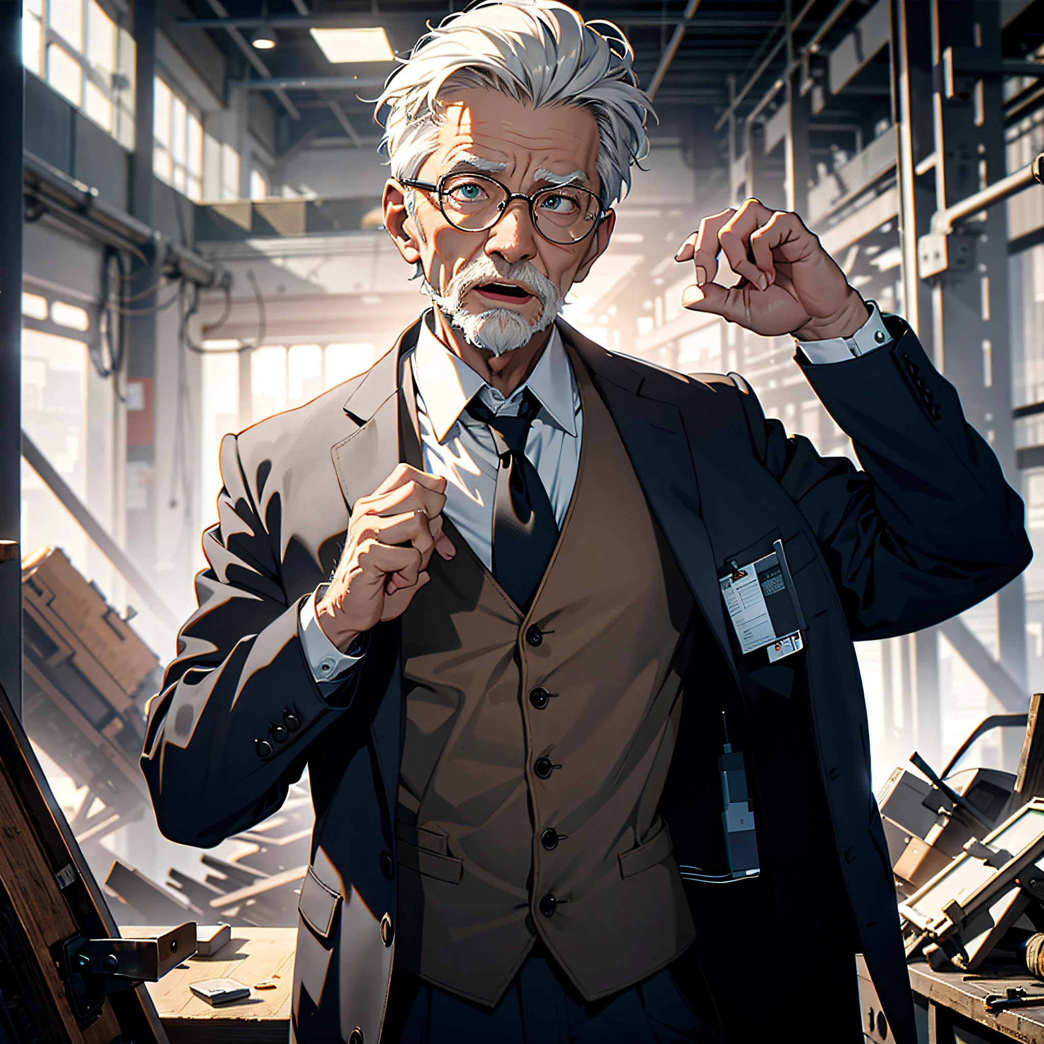 Absurd resolution, high resolution, (masterpiece: 1.4), hyper-detail, inside an abandoned factory, an old man with short white hair dressed as a scientist (1.5), a shocked and surprised expression, open mouth, high-tech workbench, tech-sense screen, tech-enabled robotic arm, blazer and white shirt