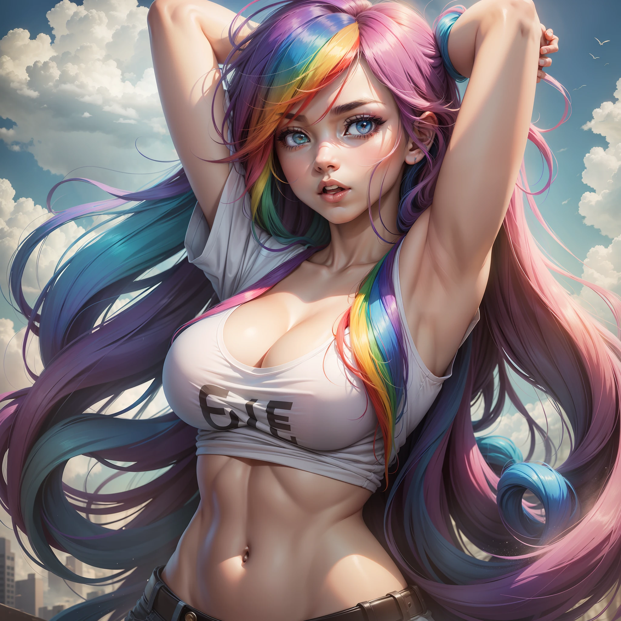Rainbow Dash, Rainbow Dash from the cartoon May Little Pony, Rainbow Dash in the form of a girl, Long hair, straight hair, voluminous breasts, big breasts, lush breasts, bulging breasts, white T-shirt, in the clouds