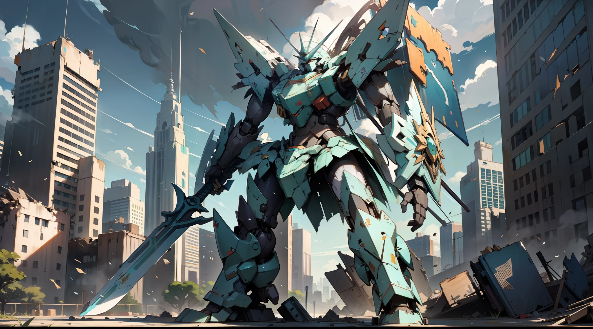 a teal mecha giant robot with a sword and a shield, standing, in a destroyed metropolis