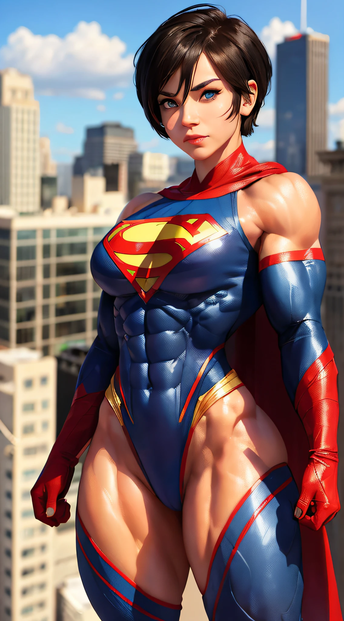 Sasha calle actress as super girl, toned abs, hyper muscular body, hyper protruding muscular arms, protruding large biceps, flex biceps, black eyes, black pixie Cut short, her long costume is a darker shade of blue than previous live-action versions of the character, and features a prominent red "S" symbol on the chest and a red cape, Attractive face, perfect eyes, beautiful eyes in the DC movie, Superman pose, on top of New York building
