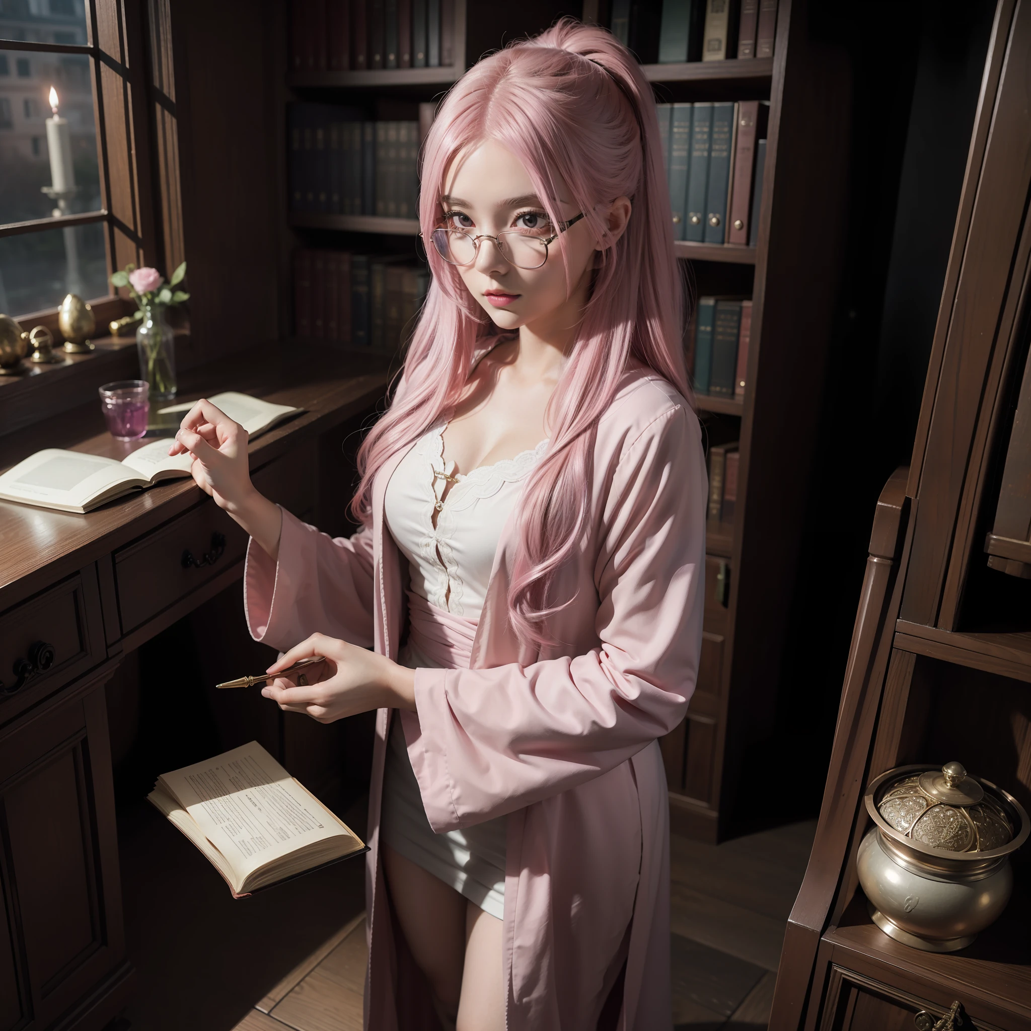 masterpiece, best quality, full body shot, stand to viewer, 1 girl anime adult, finely detailed eyes, glasses, intricate details, witch, middle hair hair, pink hair color, spellbook with a variety of spells, potion bottles with various ingredients, a hidden laboratorium, library