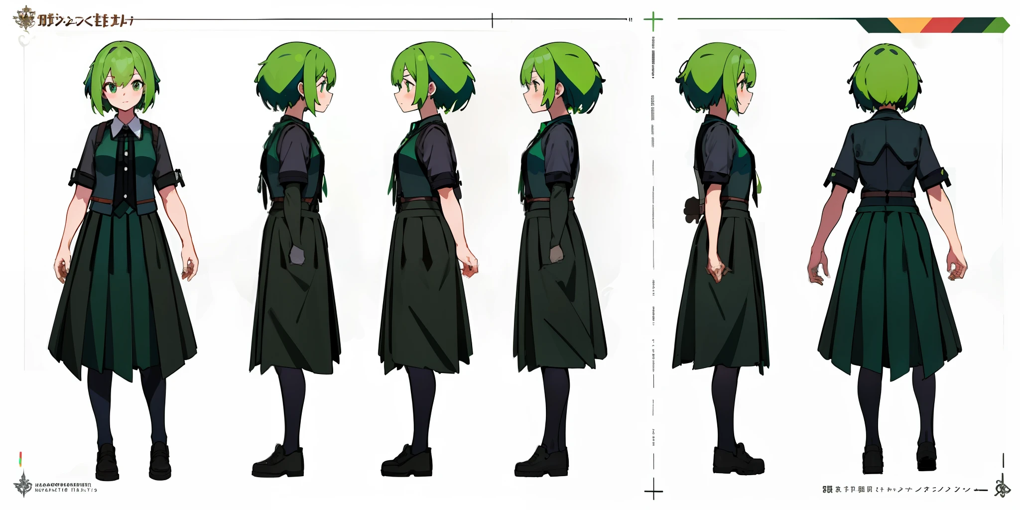 (Masterpiece:1.2),(Best Quality:1.3),Character Sheet,Concept Art,(1 Girl),(Skirt),(Green hair),(Long),(Full body)