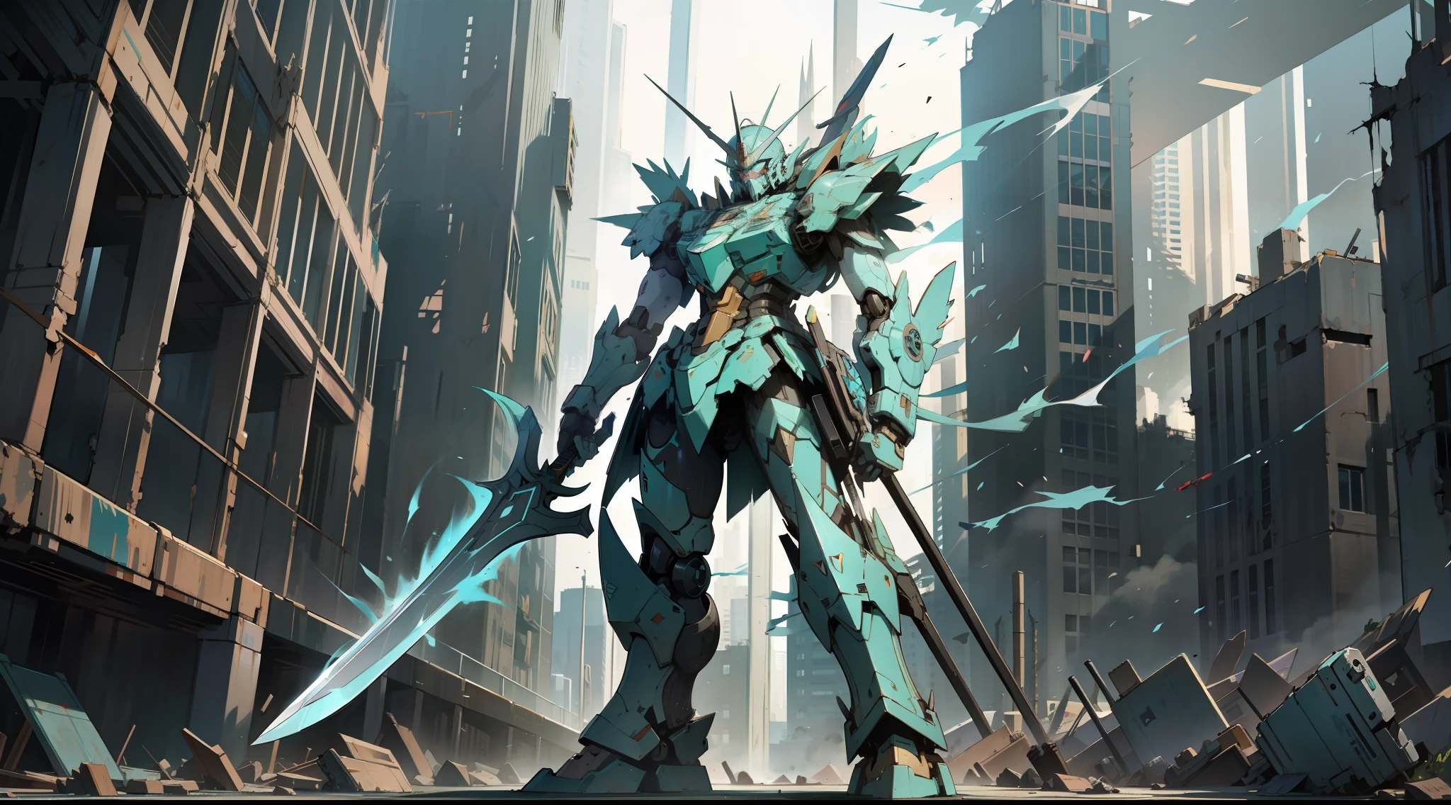 a teal mecha giant robot with a sword and a shield, standing, in a destroyed metropolis