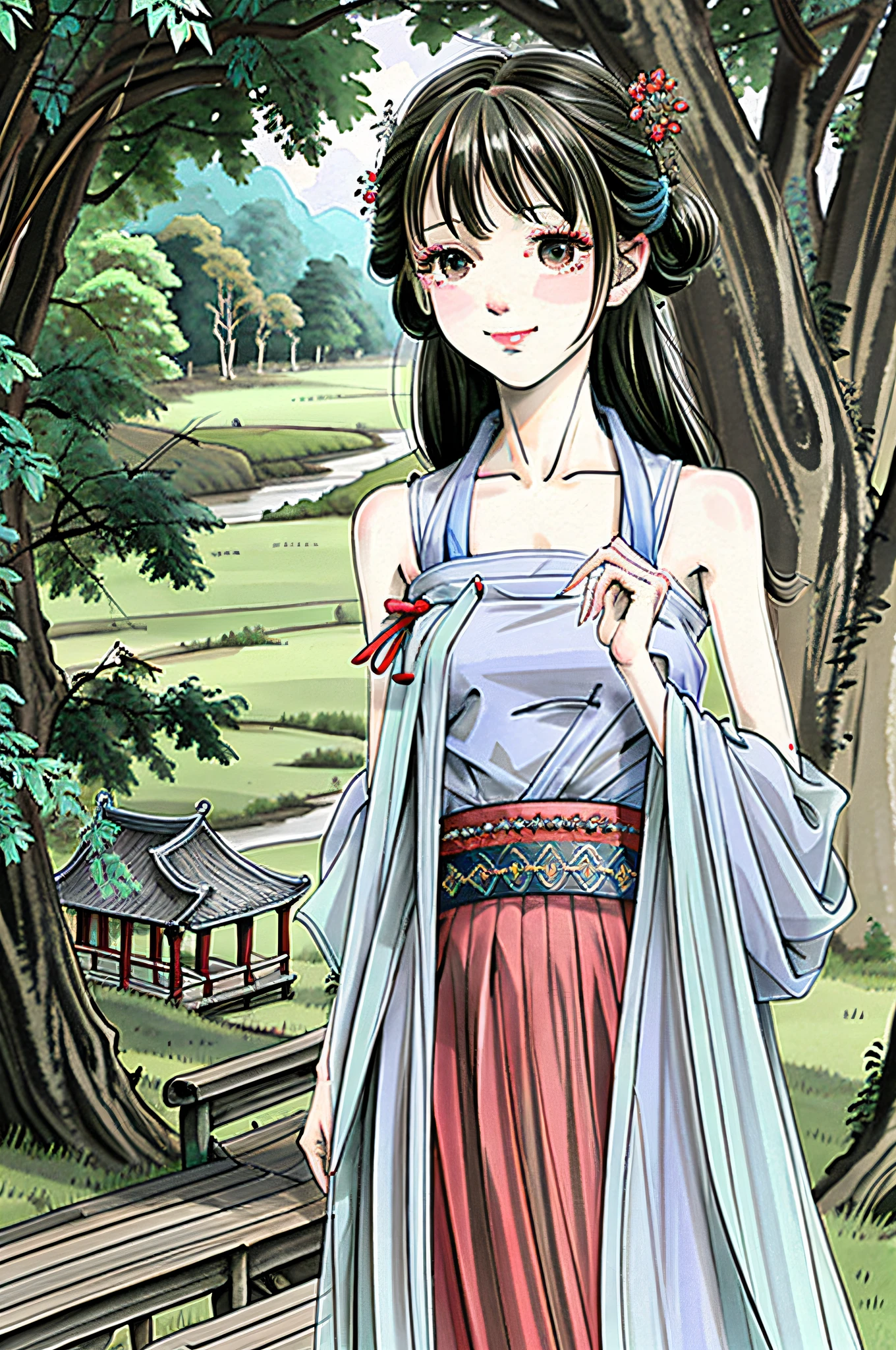 (masterpiece),best quality,good anatomy, shuimobysim,(1 girl:1), (upper body),(smile),short hair,(hanfu),(ecchi0.5), (trees:0.5), (flowers:0.6) ,(wooden house:0.2),(bamboo forest:0.2),(creek:0.2),(river:0.2),