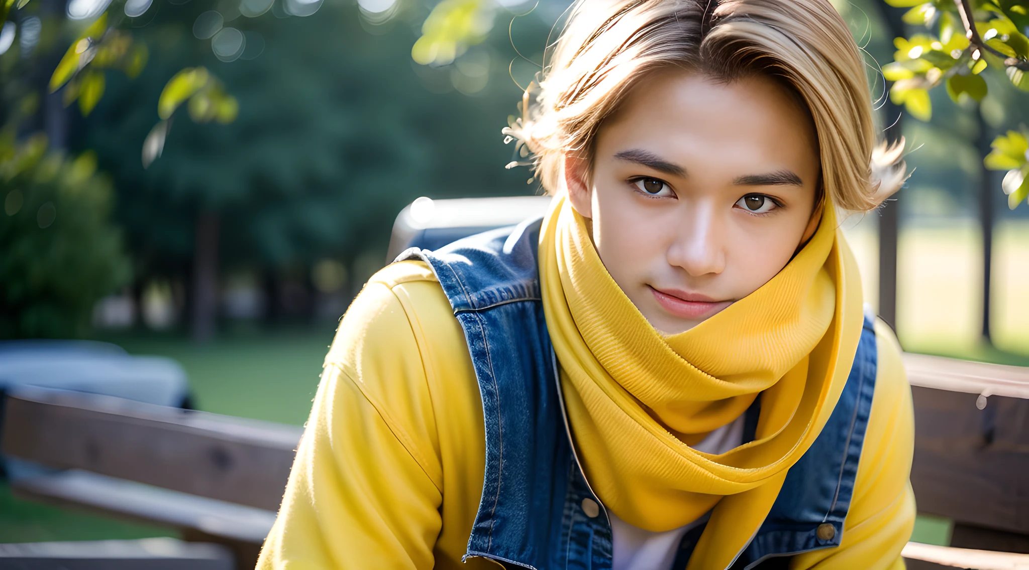 (alone), (man) (cowboy shot), the most beautiful handsome muscular high school boy in the world, (wear yellow clothes), blonde hair, mischievous smile, in the park, (high detail: 1 1), natural skin, high quality, beautiful eyes, (detailed face and eyes), (Face: 1 2), Noise, Real Photo, PSD, Sharp Focus, High Resolution 8K, Real and Professional Photography, 8K UHD, Soft Lighting, High Quality, Film Grain, Fujifilm XT3
