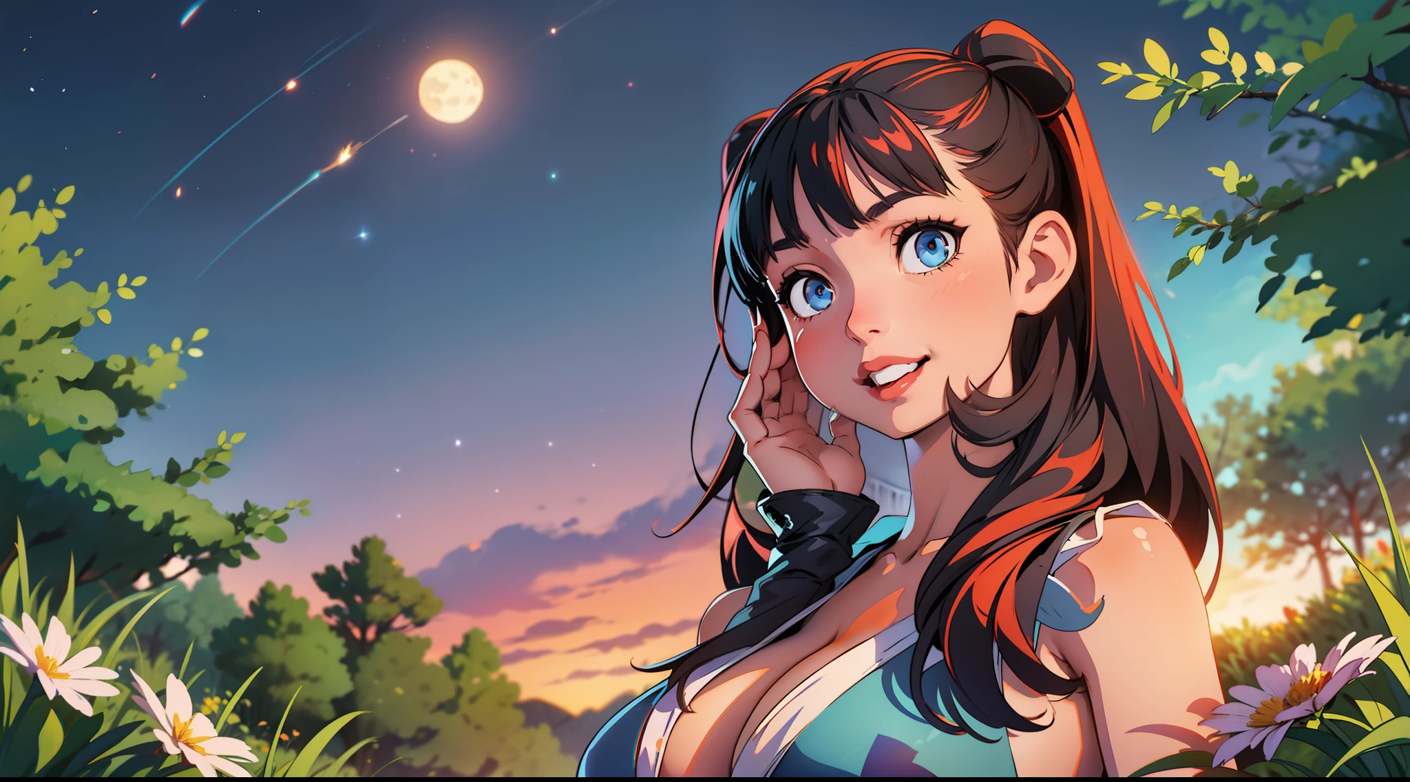 realistic, masterpiece, ray tracing, twintails hair, bikini, tight clothing, sleeveless, no teeth, smile, huge breasts, nipple, nipple visible through bra, cleavage, red lipstick, black hair, blue eyes, wide hips, thick thighs, muscles, abs, action pose, pretty face, on top of hill, grass, flowers, trees, sitting down, watching sunset, stars, night sky, moon, clouds