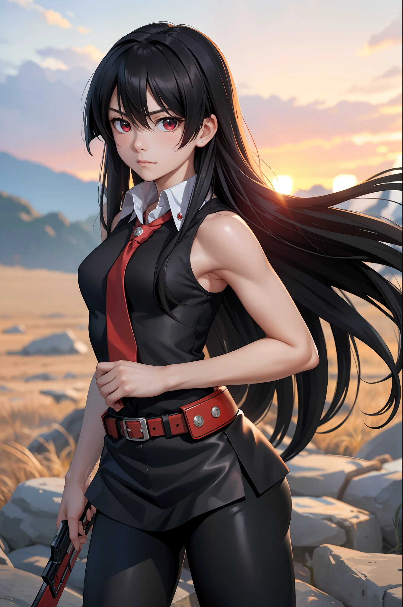 (masterpiece, best quality:1.2), cowboy shot, solo, 1girl, akame \(akame ga kill!\), expressionless, closed mouth, look at the viewer, black collared shirt, red tie, sleeveless, leggings, ass, wide hips