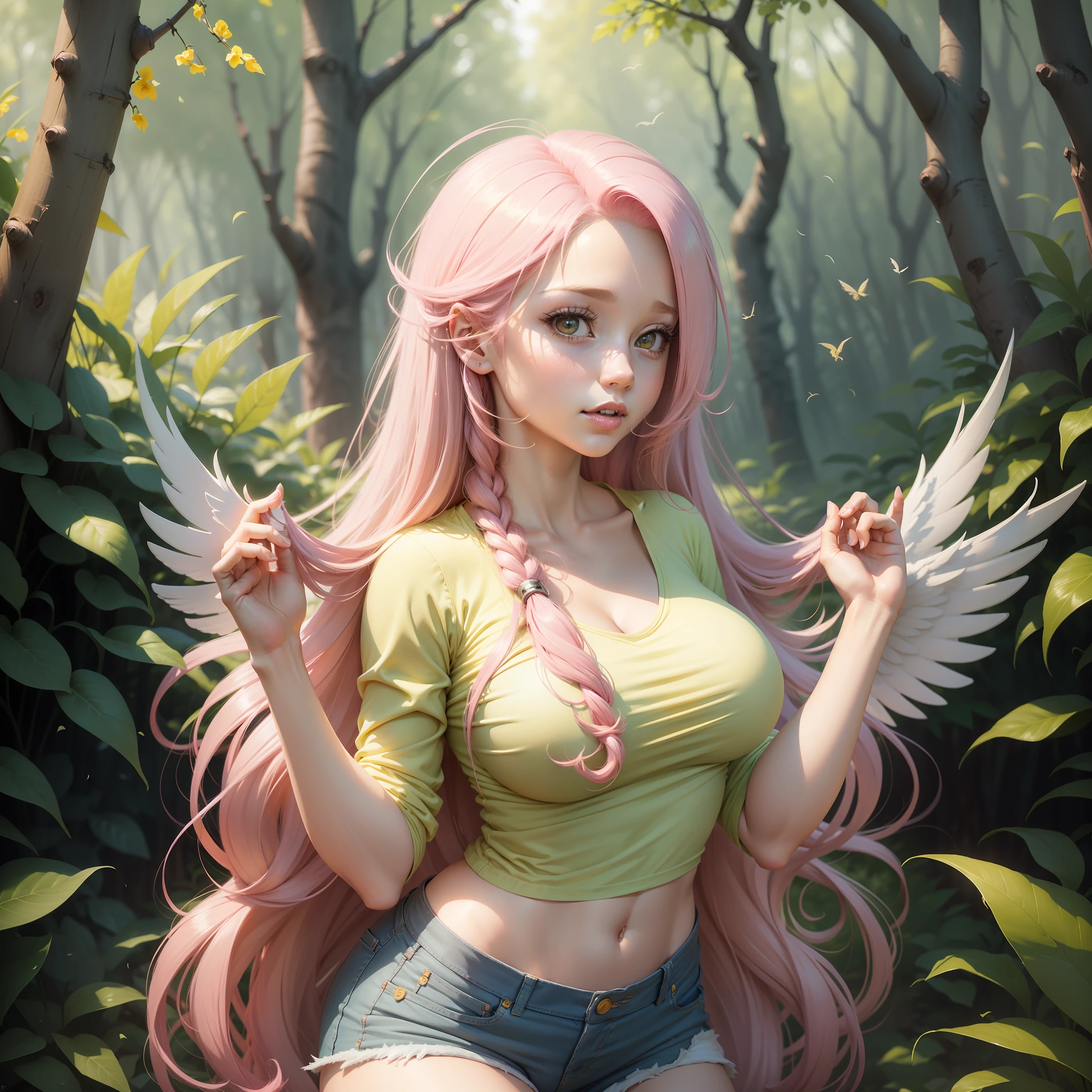 Fluttershy, Fluttershy from the cartoon May Little Pony, Fluttershy in the form of a girl, long hair, pink hair, voluminous breasts, large breasts, lush breasts, bulging breasts, White tight T-shirt, in nature, birds, yellow wings