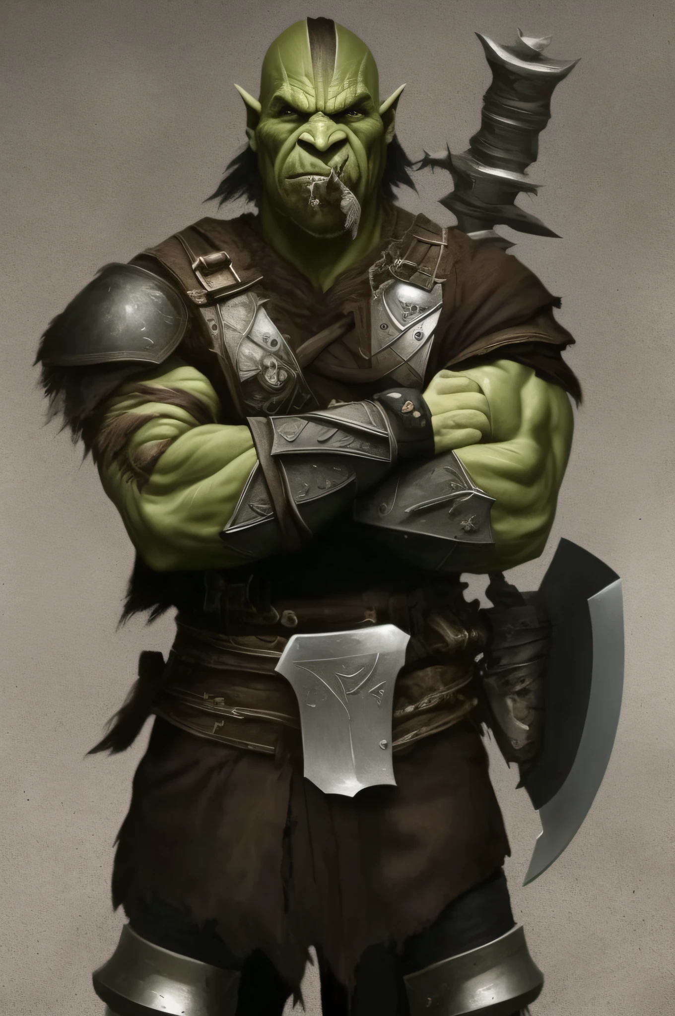 A Man in Armor Holding a Large Knife and a Large Knife, Orc Warrior, Orc Theme, Half-Orc, Portrait of an Orc Warrior, Orc, The Hobbit Orc Concept, an Orc, Green Orc Female, Female Orc, Bald Orc Mechanic, Portrait of an Orc, Viking Berserker, Menacing Orc, D&D Goblin Rogue, Grog Strongjaw, Clean-shaven Head