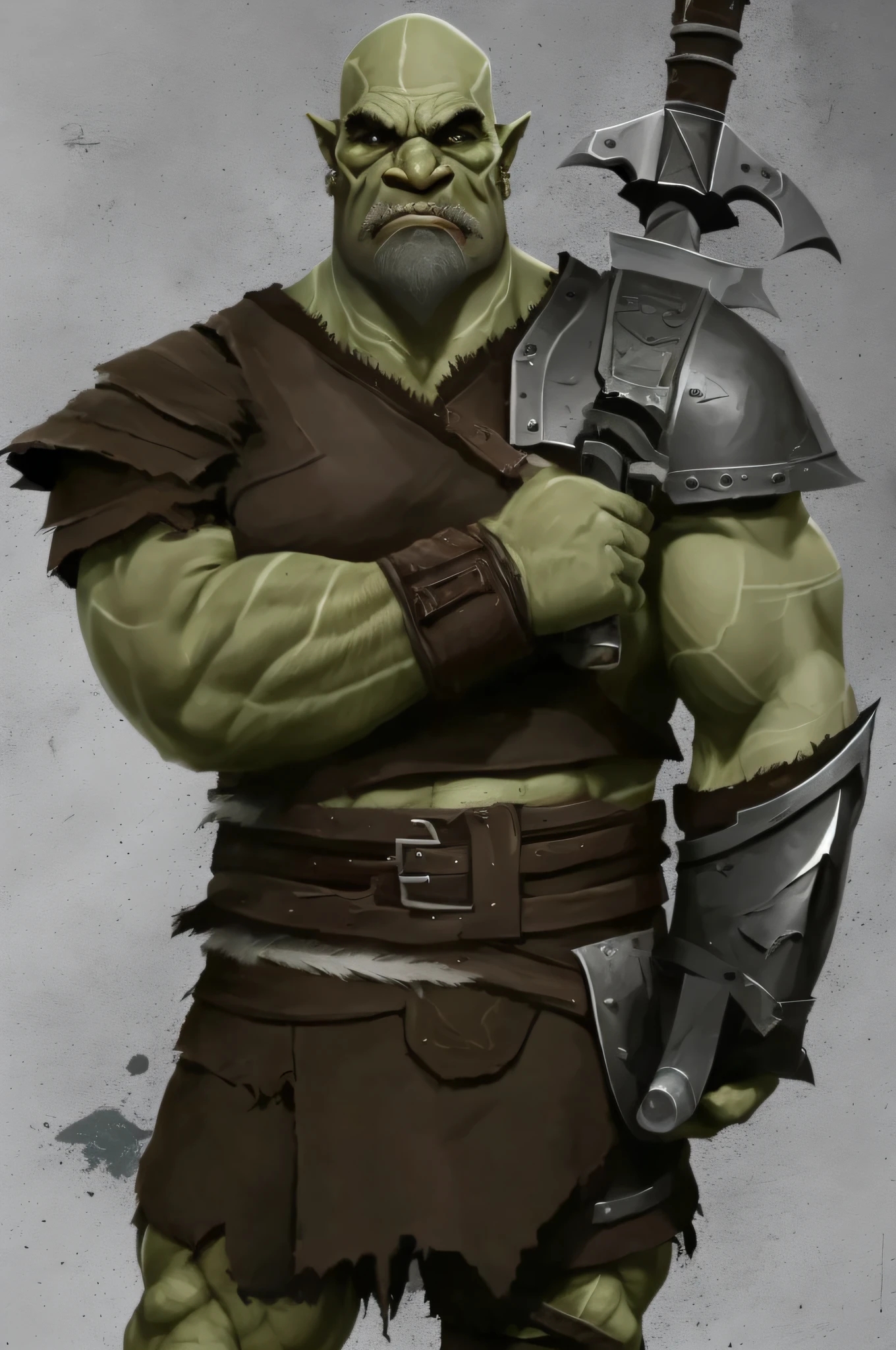 a close up of a man in a brown outfit holding a sword, orc themed, half - orc, orc warrior, grog strongjaw, orc, bald orc mechanic, portrait of an orc warrior, an orc, menacing orc, portrait of an orc, the hobbit orc concept, dog - faced muscular goblin, green orc female, arabic orc, orcs