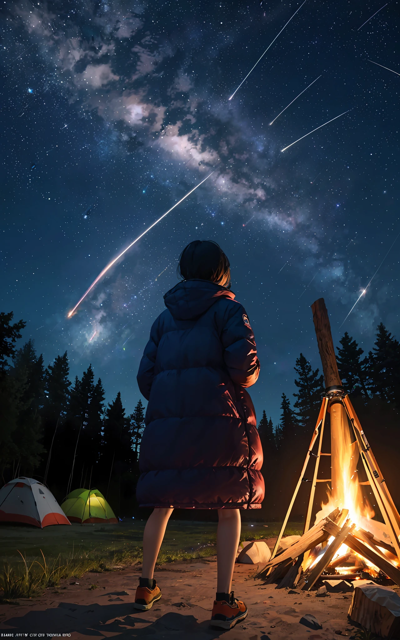 woman observing ( Orionids meteor shower),
Orionids meteor shower, beautiful,
woman, solo, camping, campfire, looking at the Orionids meteor shower,
from behind, from below,
outdoor,