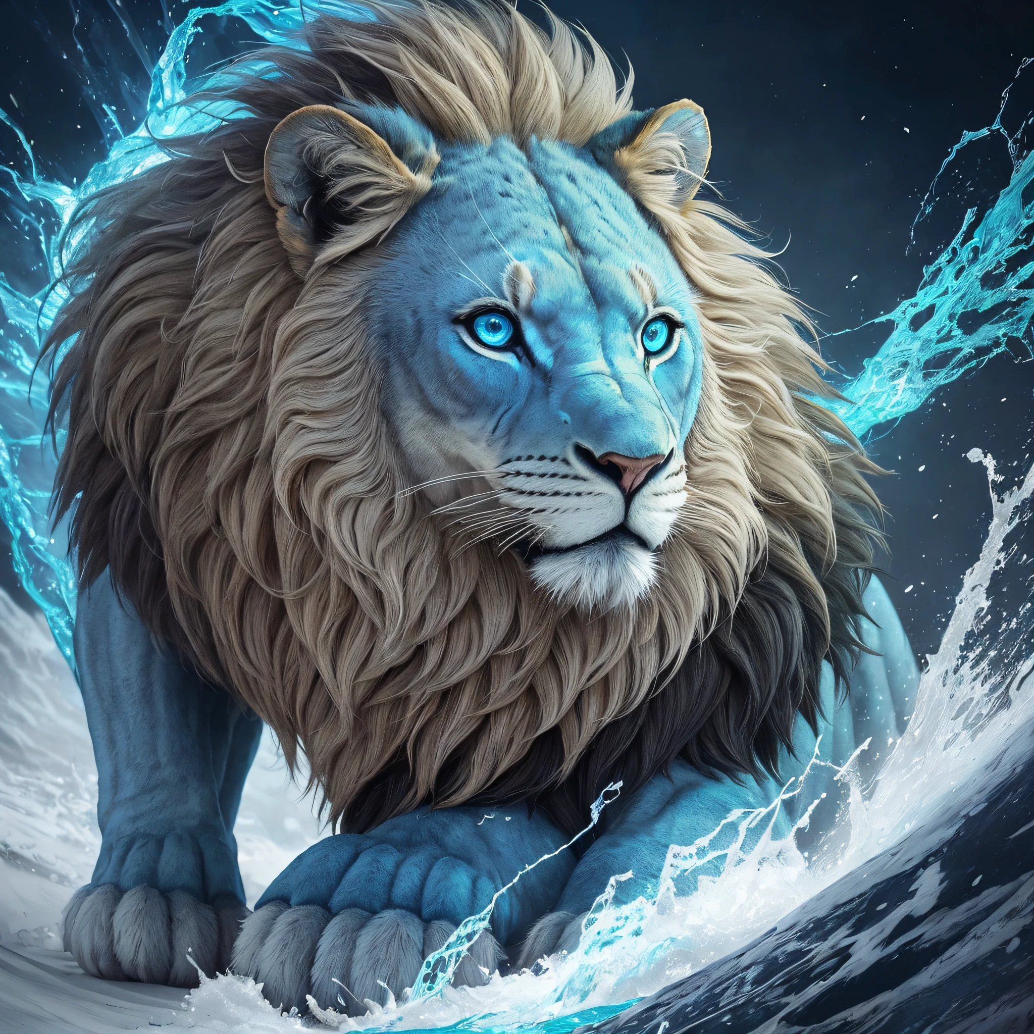 Hyper-realistic sculpture of a blue lion, made of resin and fiberglass, with synthetic fur and glass eyes. The lion has a fierce and imposing expression, its mouth open in a powerful roar, showing its sharp teeth and its red tongue. Its mane is bulky and fluttering, giving it a majestic and wild look. Its blue color contrasts with the natural tone of your skin and creates a surprising and fantastic effect. The sculpture reproduces only the lion's head and neck, life-size, with an impressive level of detail that makes it appear that the animal is alive and about to jump on the viewer. The work is a tribute to the king of the jungle and his strength and beauty, in the style of Giovani Caramello. --auto --s2