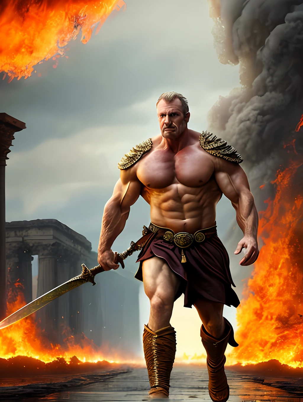 masterpiece, detailed, intricate, epic fantasy, colorful, full body, slight angle, man, 70 years old, hulking, brawny, fitted, ankle wraps, very hairy torso, big strong hands, fine detailed, running, intense action, dynamic juxtaposition, skimpy revealing slavery outfit, receding hairline, smirk, gladiator, with a sword, blades, big ancient city on fire in the background, heavy rain, smoggy, pointing away, depth of field, particle effects, high quality shadows, intense action