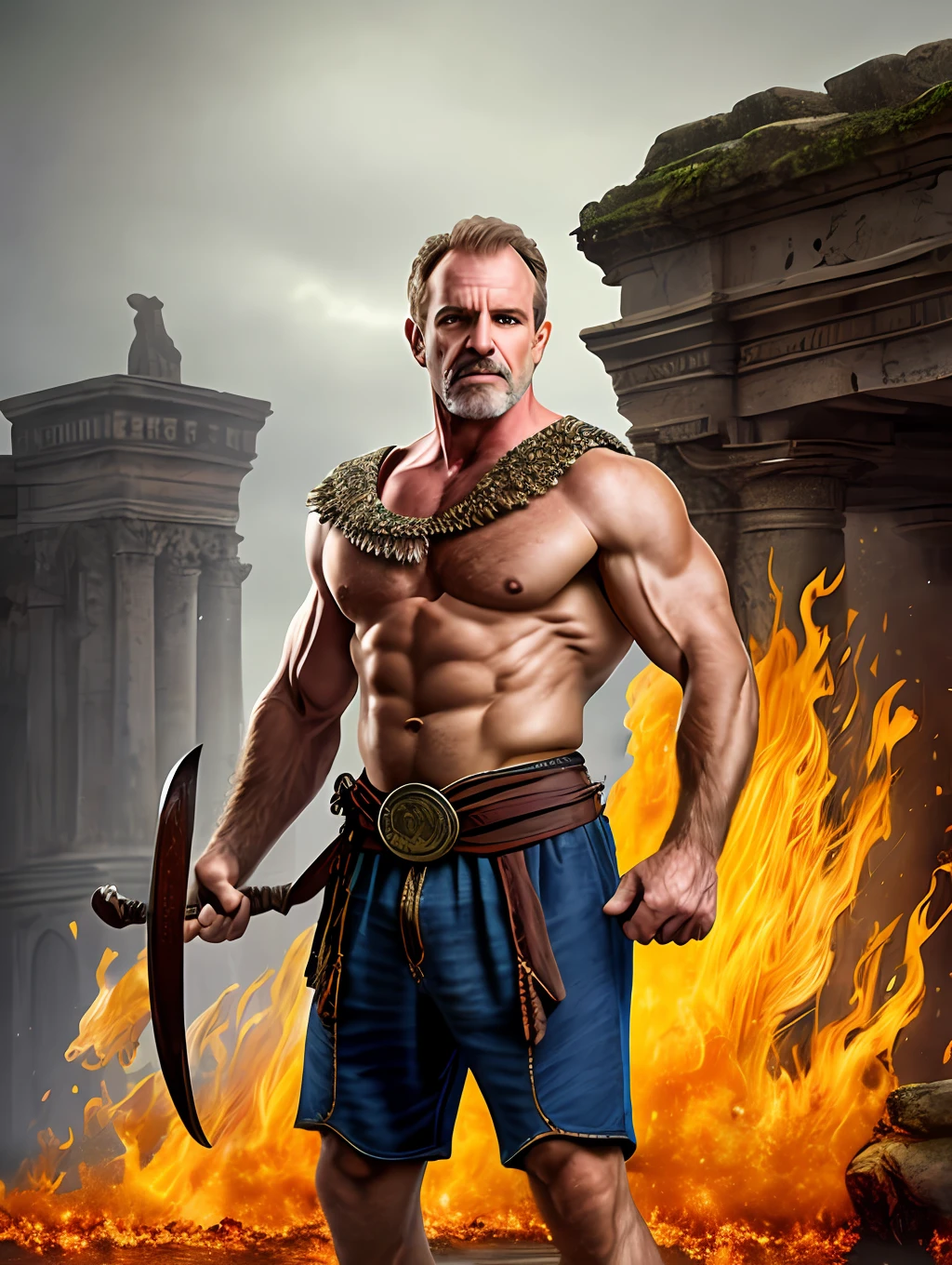 masterpiece, detailed, intricate, epic fantasy, colorful, full body, slight angle, man, 70 years old, hulking, brawny, fitted, ankle wraps, very hairy torso, big strong hands, fine detailed, running, intense action, dynamic juxtaposition, skimpy revealing slavery outfit, receding hairline, smirk, gladiator, with a sword, blades, big ancient city on fire in the background, heavy rain, smoggy, pointing away, depth of field, particle effects, high quality shadows, intense action