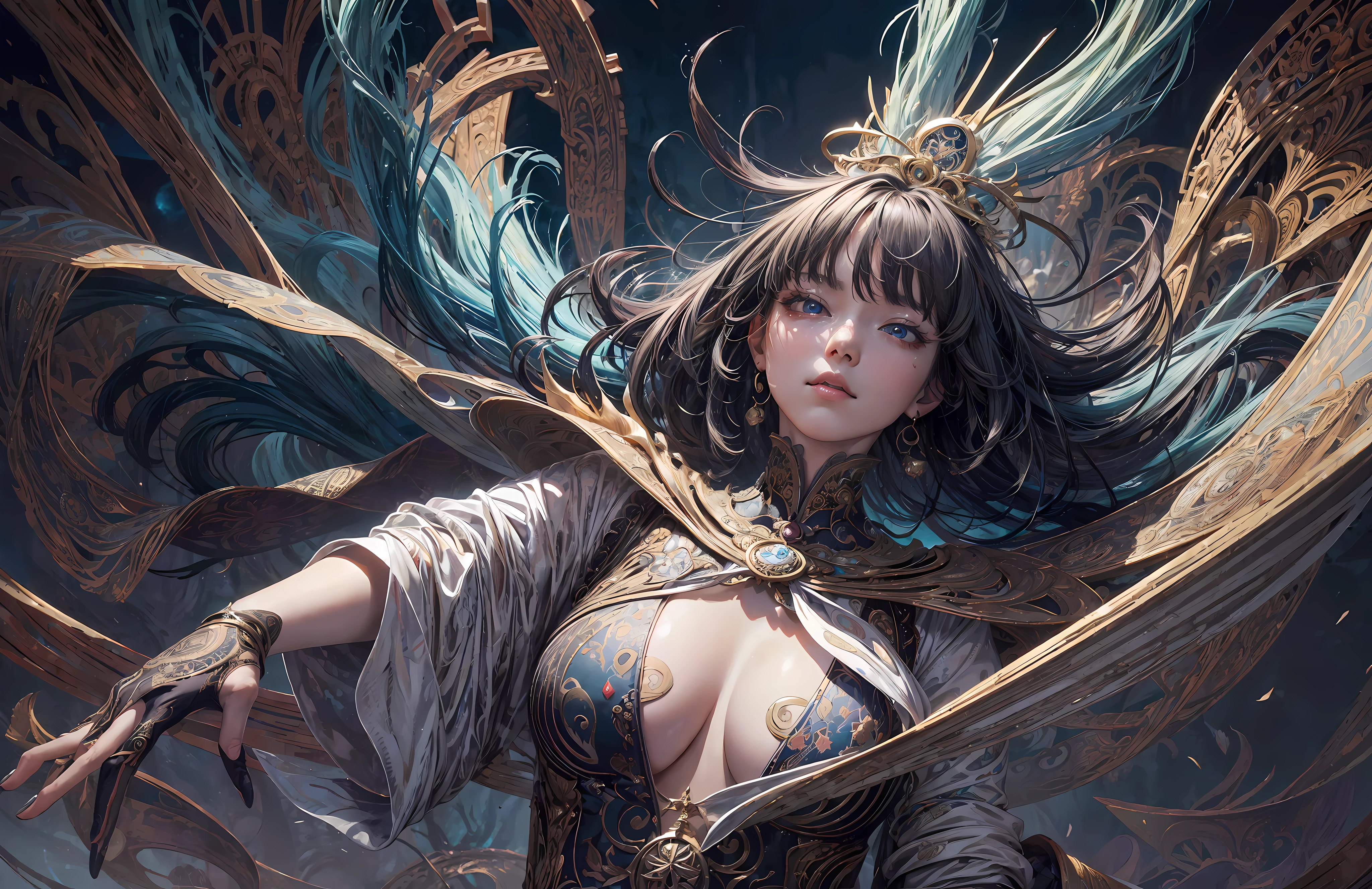 ((Best quality)), ((masterpiece)), ((highly intricate details)),beautiful, high quality, highres, absurdres, light difussion, intricate details, complex details, ((anime)), (anime:1.2) , (perfect face:1.3), extreme detailed eyes, colorful, highest detailed, vibrant colors, high contrast, (8K UHD:1.2), (photorealistic:1.2),(masterpiece:1.4), (best quality:1.4), realistic, 1girl medium breasts, official art, unity 8k wallpaper, ultra detailed, beautiful and aesthetic, masterpiece, best quality, (zentangle, mandala, tangle, entangle), (fractal art:1.3) , 1girl, extremely detailed, dynamic angle, cowboyshot, the most beautiful form of chaos, elegant, a brutalist designed, vivid colours, romanticism, by james jean, roby dwi antono, ross tran, francis bacon, michal mraz, adrian ghenie, petra cortright, gerhard richter, takato yamamoto, ashley wood, atmospheric, ecstasy of musical notes, streaming musical notes visible, dragon in background