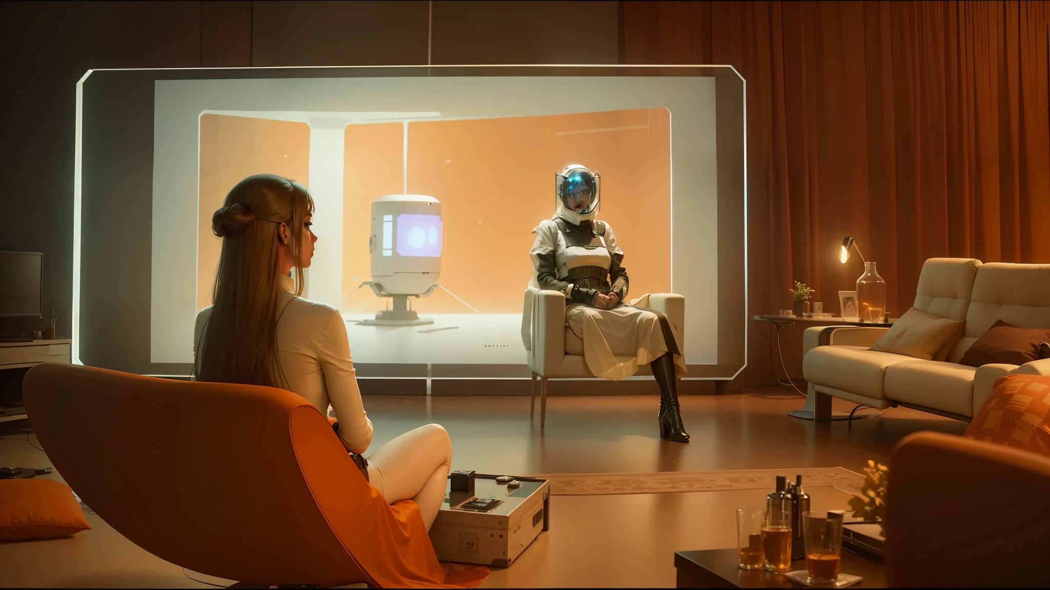 there is a woman sitting in a chair watching a movie on a big screen, ash thorp, perfect android girl family, glass arms, still from loki ( 2 0 2 1 ), 1970 furniture, alexa mini, the incal, cgsociety - no cameron, futuristic female beekeeper, gaming room in 2 0 4 0 --auto --s2