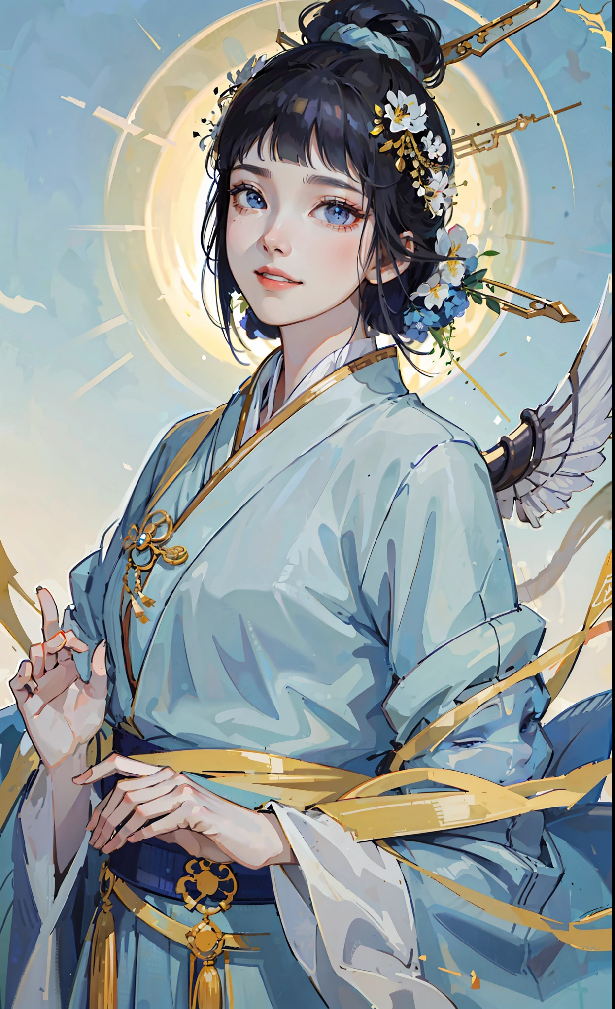 A girl, ancient Chinese costume, whole body, sunshine, clear face, clean white background, masterpiece, super detail, epic composition, ultra HD, high quality, extremely detailed, official art, uniform 8k wallpaper, super detail, 32k, ((blunt bangs)), extremely detailed character, detailed lips, dark blue hair, hinata/(boruto/), smile