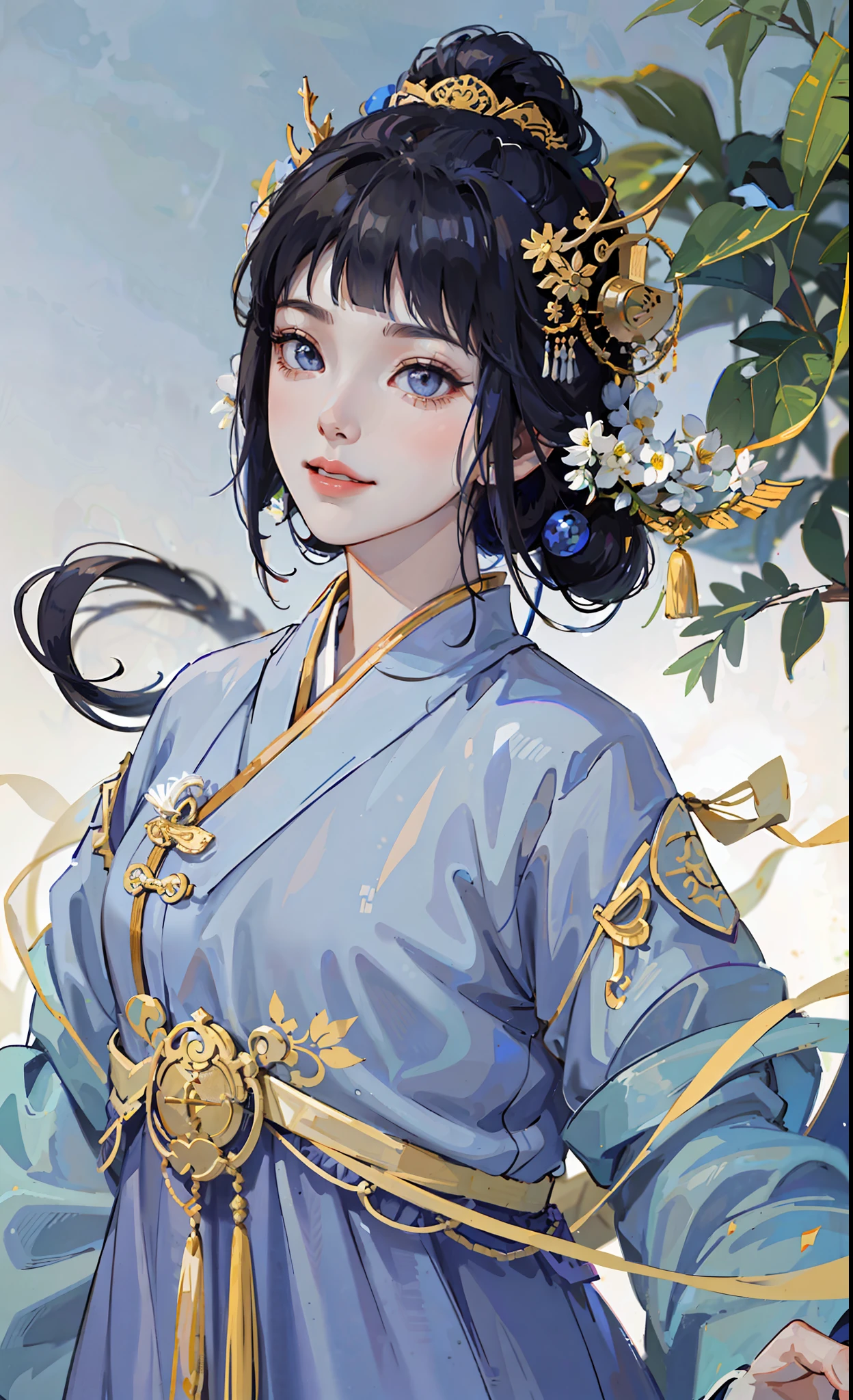 A girl, ancient Chinese costume, whole body, sunshine, clear face, clean white background, masterpiece, super detail, epic composition, ultra HD, high quality, extremely detailed, official art, uniform 8k wallpaper, super detail, 32k, ((blunt bangs)), extremely detailed character, detailed lips,  dark blue hair,  hinata/(boruto/),  smile