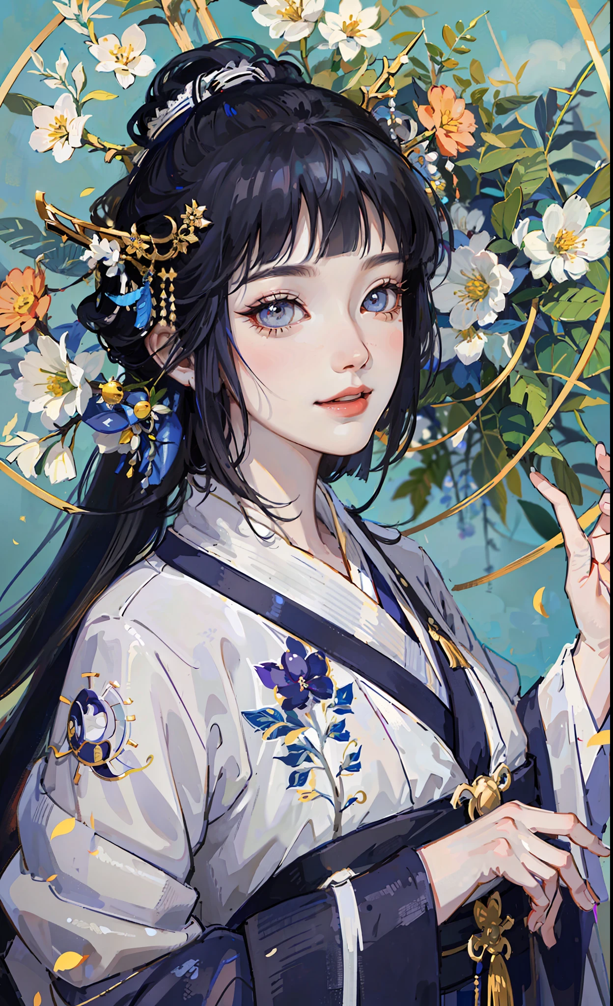 A girl, ancient Chinese costume, whole body, sunshine, clear face, clean white background, masterpiece, super detail, epic composition, ultra HD, high quality, extremely detailed, official art, uniform 8k wallpaper, super detail, 32k, ((blunt bangs)), extremely detailed character, detailed lips,  dark blue hair,  hinata/(boruto/),  smile