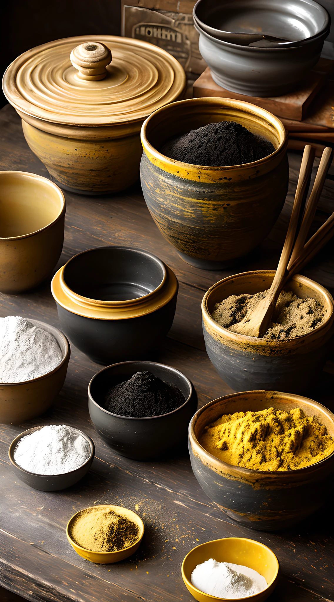 (Masterpiece:1.3), (Intricate:1.1), Charcoal, sulfur, and saltpeter, Rustic artist's studio, Carefully arranged on a worn wooden table, slight asymmetry, Deep blacks, vibrant yellows, muted browns, Brush strokes highlighting the textures of each ingredient, soft diffused lighting casting gentle shadows, paintbrushes and artist's palette nearby, cracked ceramic containers holding the elements