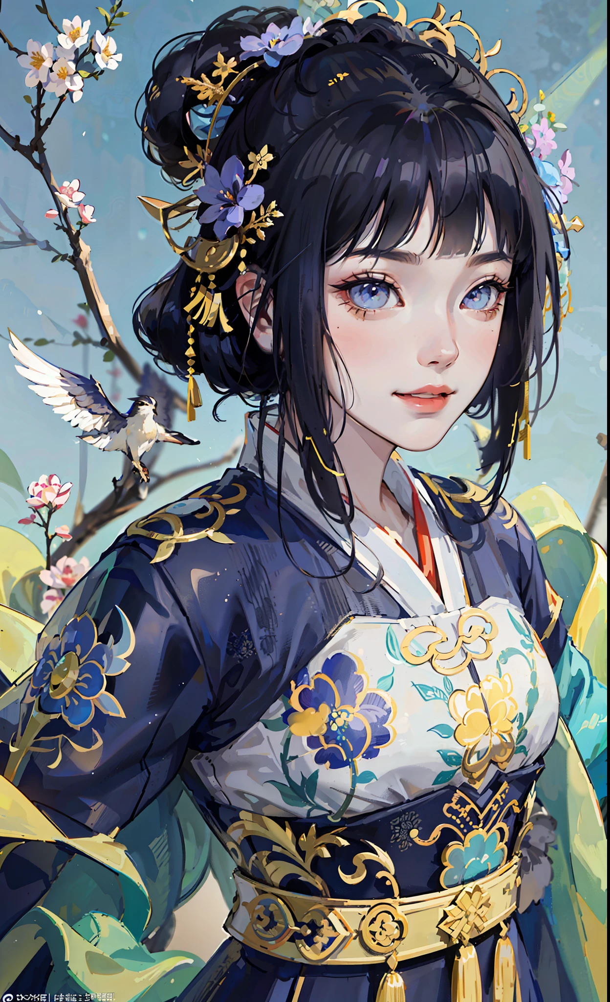 A girl, ancient Chinese costume, whole body, sunshine, clear face, clean white background, masterpiece, super detail, epic composition, ultra HD, high quality, extremely detailed, official art, uniform 8k wallpaper, super detail, 32k, ((blunt bangs)), extremely detailed character, detailed lips, dark blue hair, hinata/(boruto/), smile
