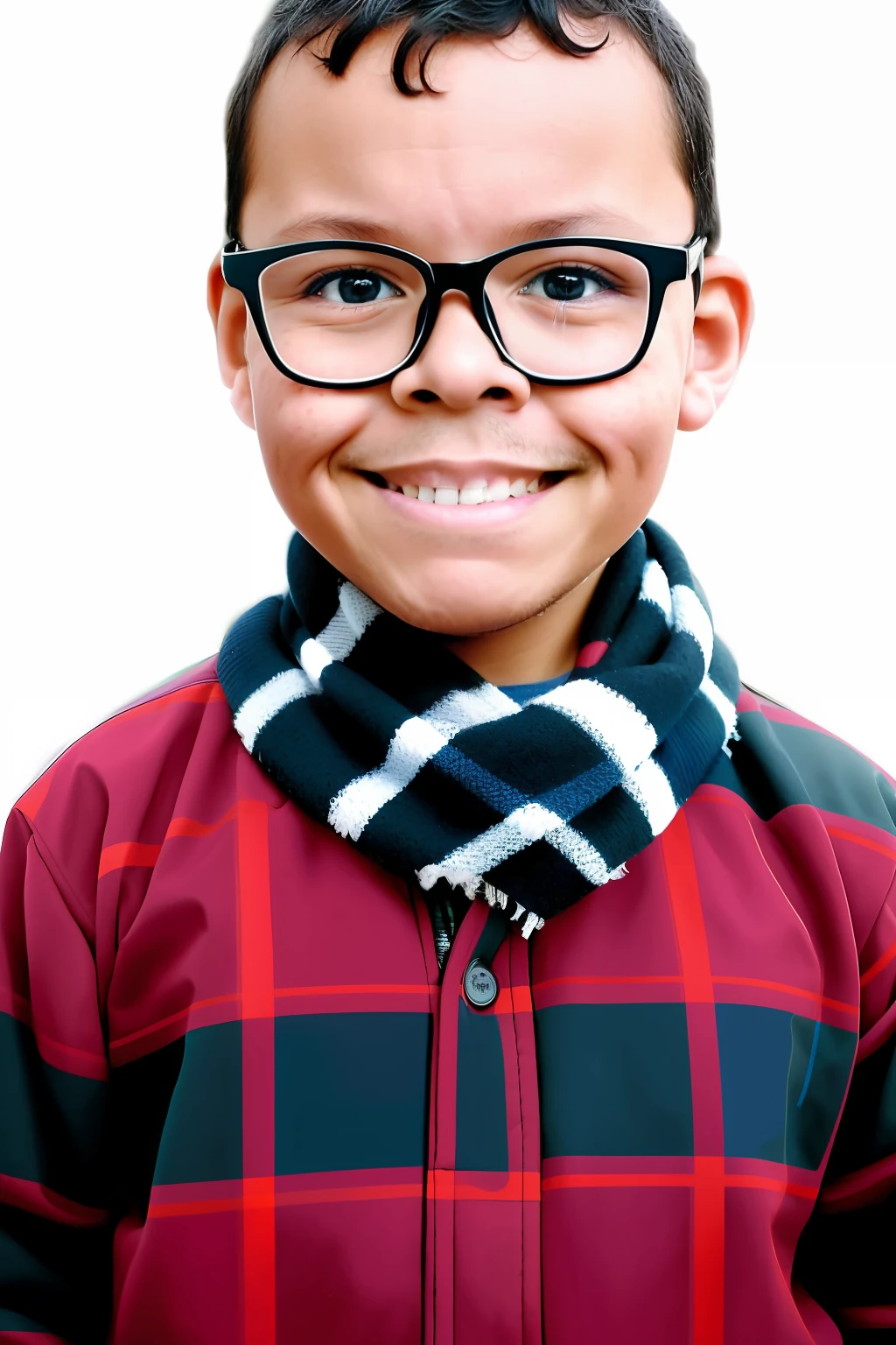 guttonerdvision4, A 3 year old boy wearing glasses, Detailed face and skin using plaid pullover and scarf and white, with cold, arms crossed, snow, realistic illustration drawn by Alex Ross, detailed and with depth of field to give more realism