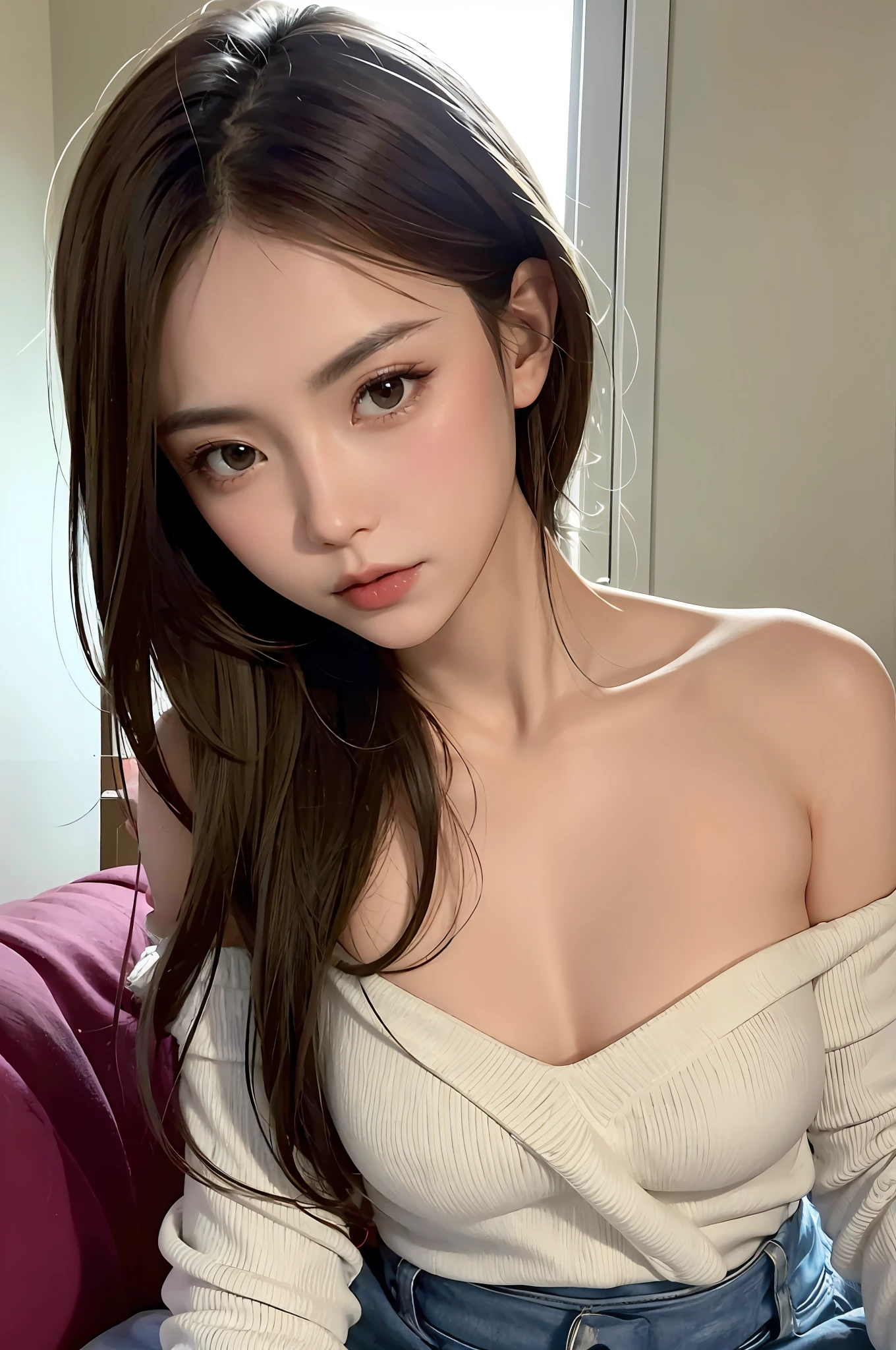Fashion trendy beautiful and charming woman, gentle and charming Chinese beautiful woman, delicate and sexy collarbone, charming oval face, double eyelids, smart peach blossom eyes, pink lips, small nose, bare shoulders, focus on the face, close-up of the face, Ultra-high-definition, super-detailed, full-body photo, ultra-thin and light-transmitting, the white off-the-shoulder shirt perfectly echoes the light blue slit skirt, fresh and good, and can be seen through