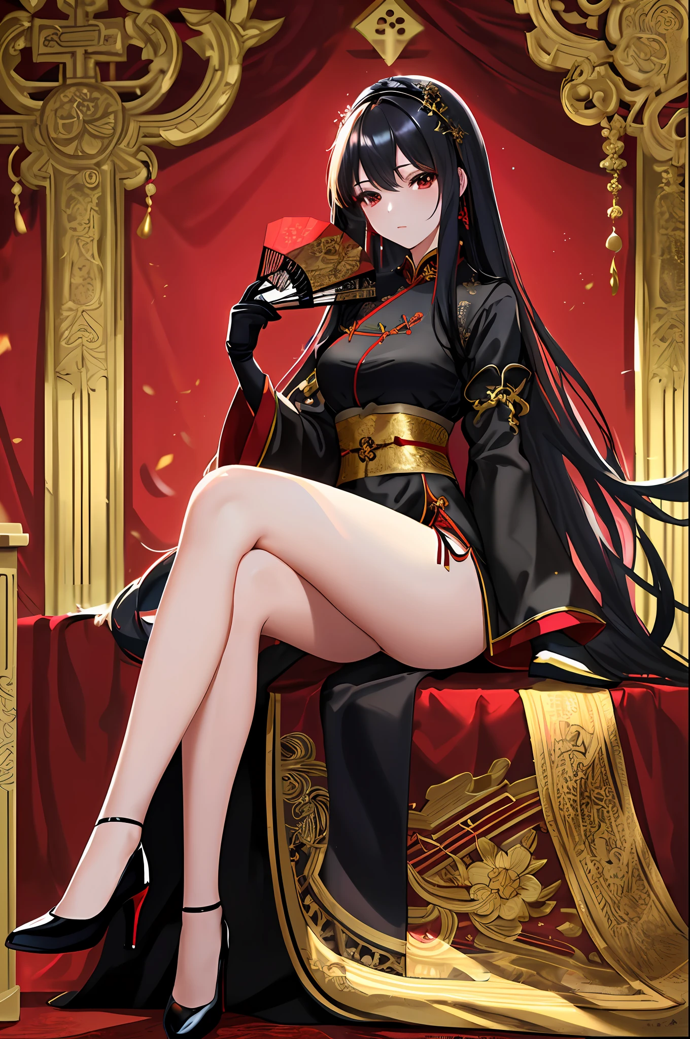 Top quality, masterpiece, masterpiece, highly detailed 8k wallpaper, transcendent beautiful girl, black hair, long hair, no sleeves, red long cheongsam, side slits, long black gloves, golden embroidery, high heels, bare legs, sitting cross-legged, holding a fan (((side focus)))), holding a fan, white background,