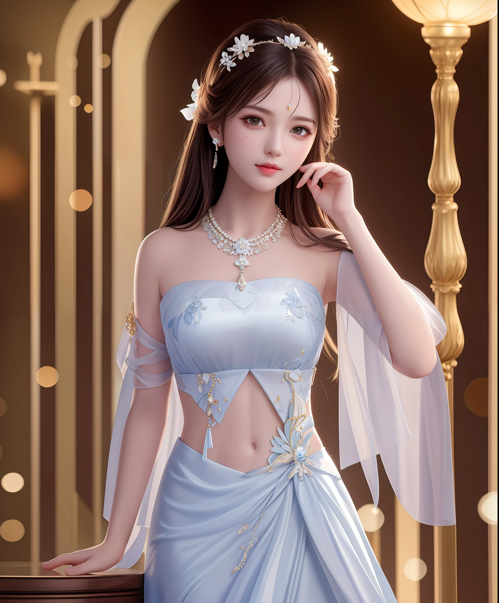 Best Quality, Masterpiece, High Resolution, 1Girl, Porcelain Dress, Hair Accessories, Necklace, Jewelry, Beautiful Face, Body, Tyndall Effect, Realistic, Dark Studio, Edge Lighting, Two-tone Lighting, (High Detail Skin: 1.2), 8K UHD, DSLR, Soft Light, High Quality, Volumetric Light, Voyeur, Photo, High Resolution, 4K, 8K, Background Bokeh, Belly Pocket