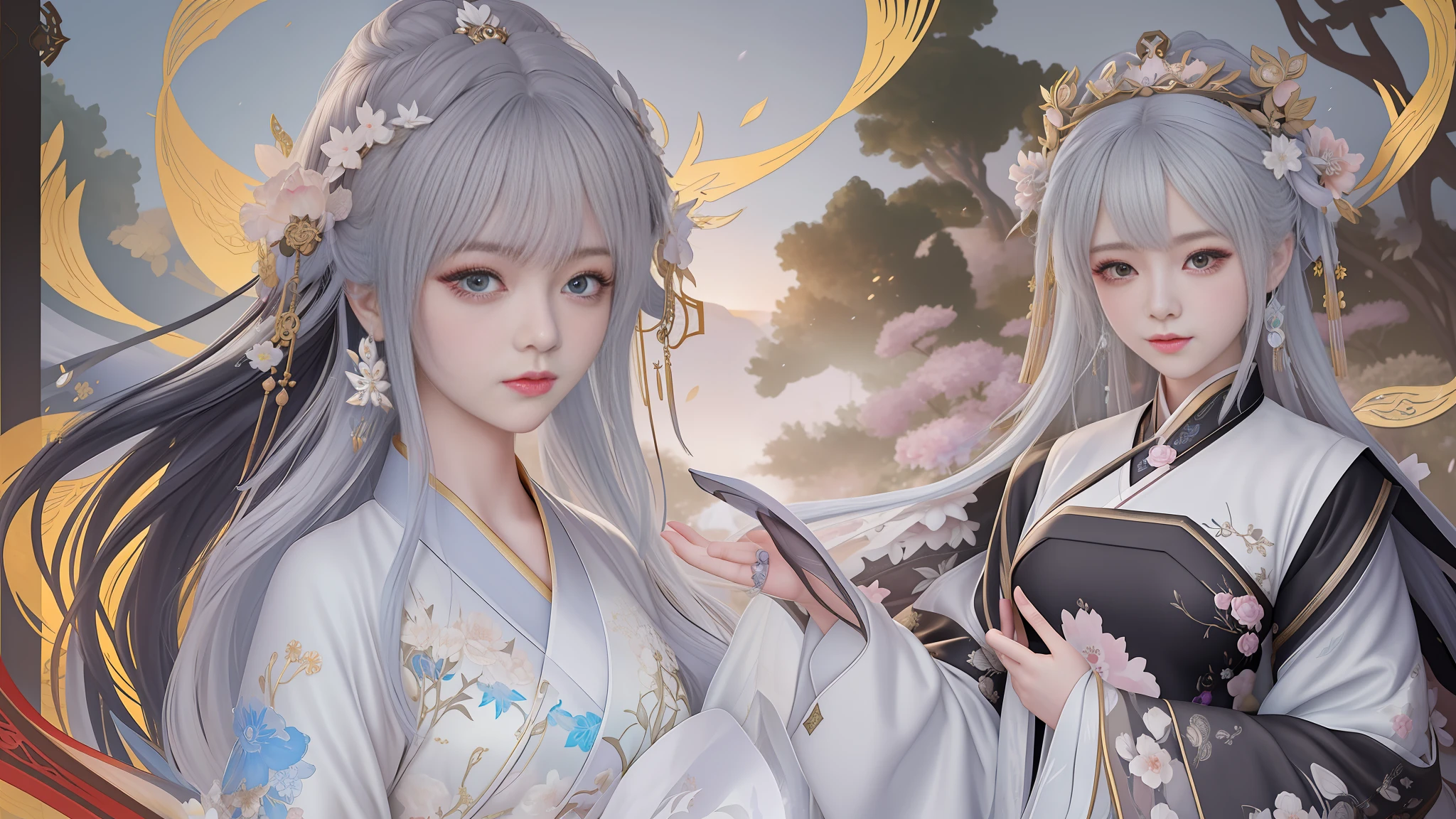 there are two dolls that are standing next to each other, 8k high quality detailed art, guweiz, trending on cgstation, palace ， a girl in hanfu, guweiz masterpiece, 🌺 cgsociety, artwork in the style of guweiz, white hanfu, ((a beautiful fantasy empress)), xianxia fantasy, ethereal essence