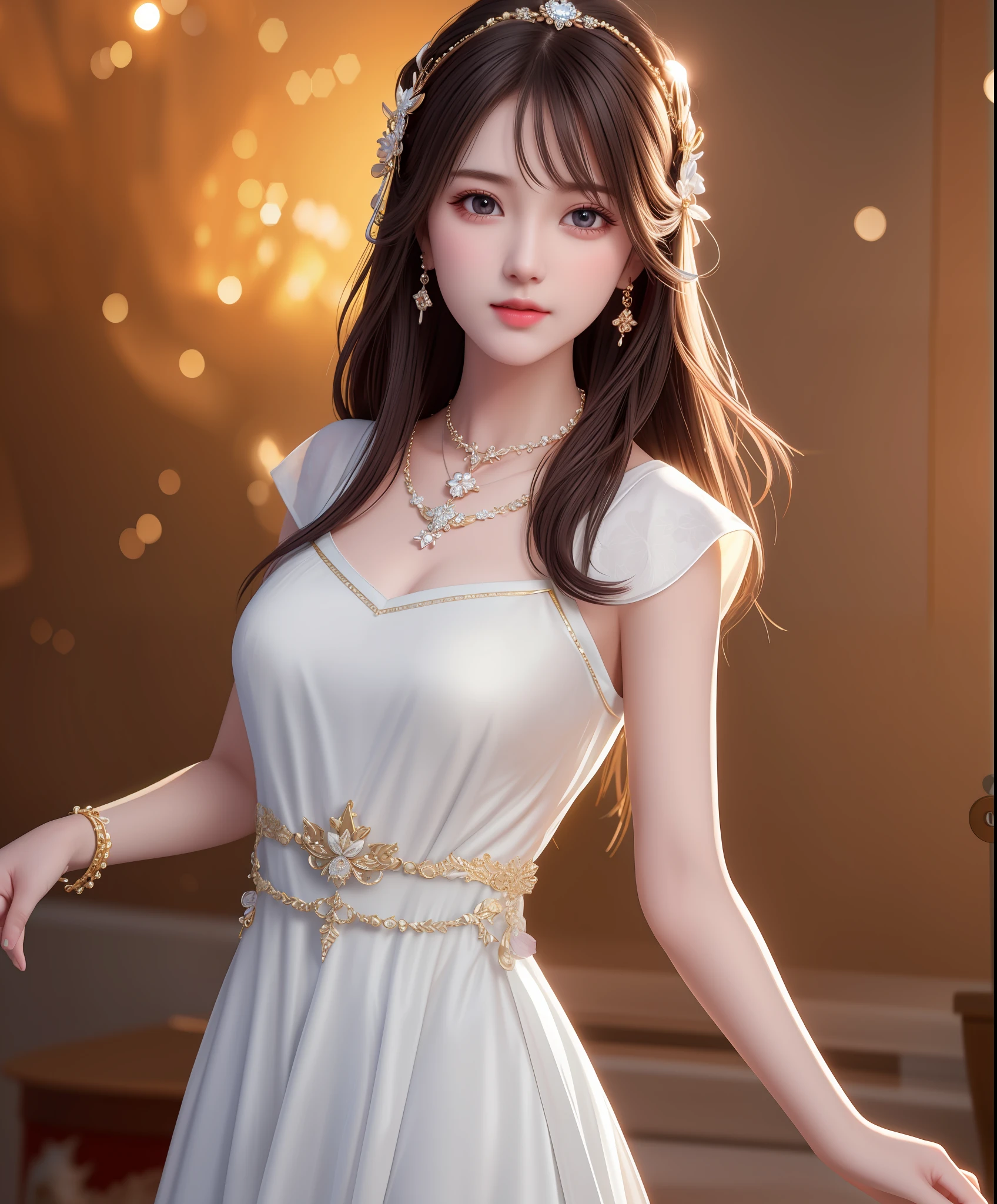 Best Quality, Masterpiece, High Resolution, 1Girl, Porcelain Dress, Hair Accessories, Necklace, Jewelry, Beautiful Face, Body, Tyndall Effect, Realistic, Dark Studio, Edge Lighting, Two-tone Lighting, (High Detail Skin: 1.2), 8K UHD, DSLR, Soft Light, High Quality, Volumetric Light, Voyeur, Photo, High Resolution, 4K, 8K, Background Bokeh, Belly Pocket