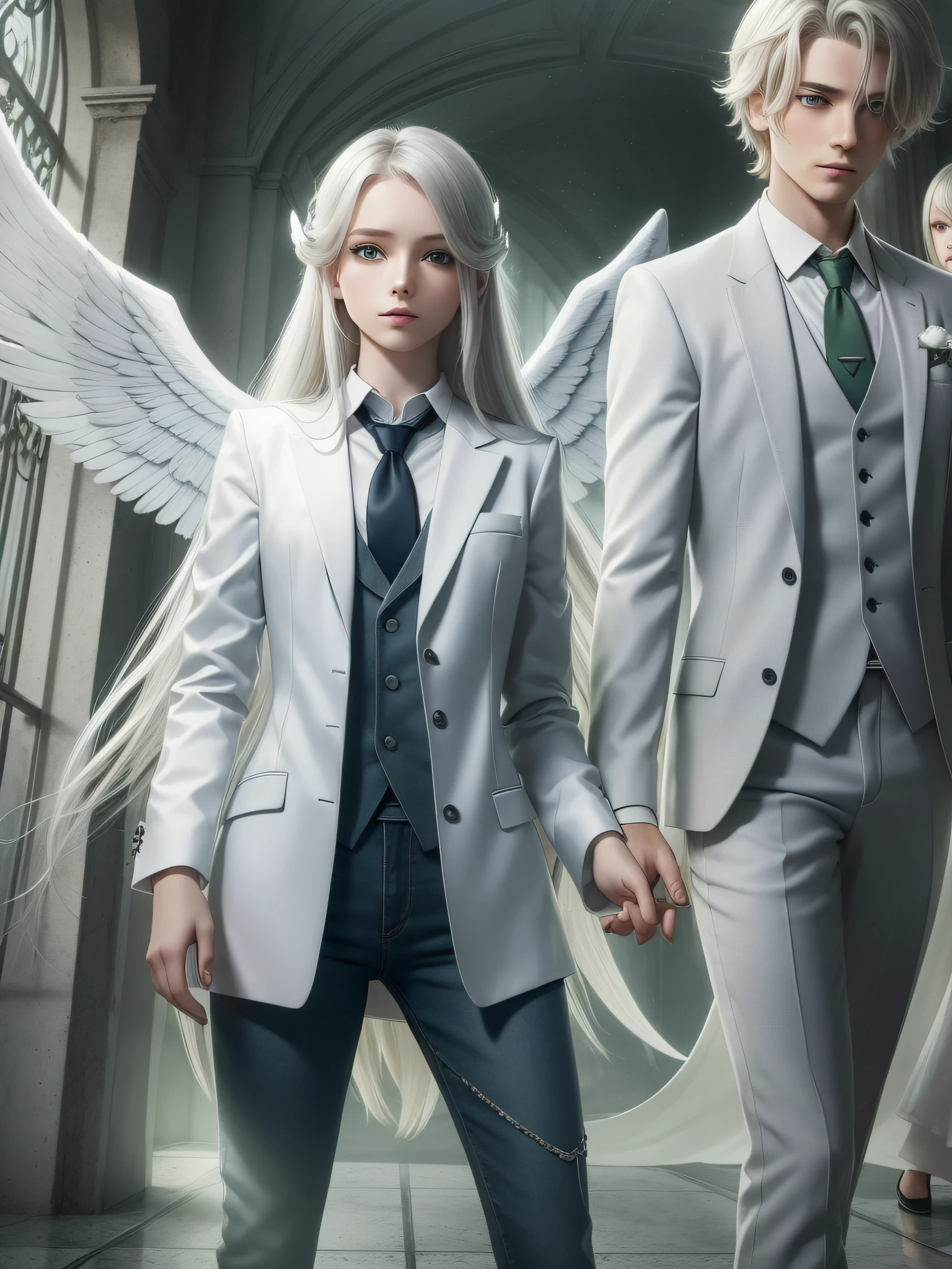There is a girl and a man facing the viewer, an angel man with white wings in a gray three-piece suit with white short hair and blue eyes, and a vampire girl in a long-sleeved sweater and jeans with long blond hair and green eyes, a girl with long hair is in the foreground, behind her is a man with angel wings