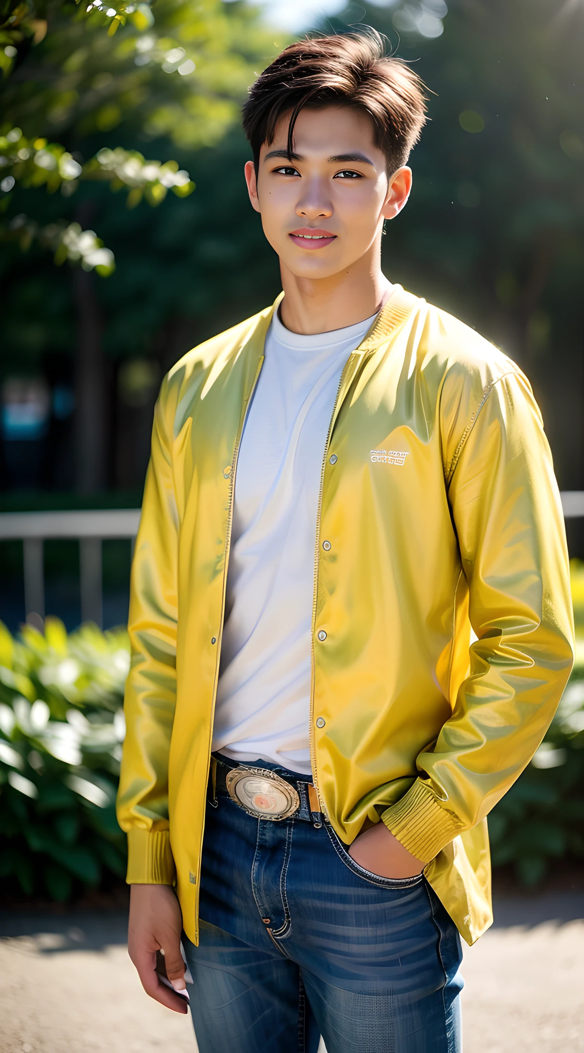 (alone), (man) (cowboy shot), the most beautiful handsome muscular high school boy in the world, (wear yellow clothes), blonde hair, mischievous smile, in the park, (high detail: 1 1), natural skin, high quality, beautiful eyes, (detailed face and eyes), (Face: 1 2), Noise, Real Photo, PSD, Sharp Focus, High Resolution 8K, Real and Professional Photography, 8K UHD, Soft Lighting, High Quality, Film Grain, Fujifilm XT3