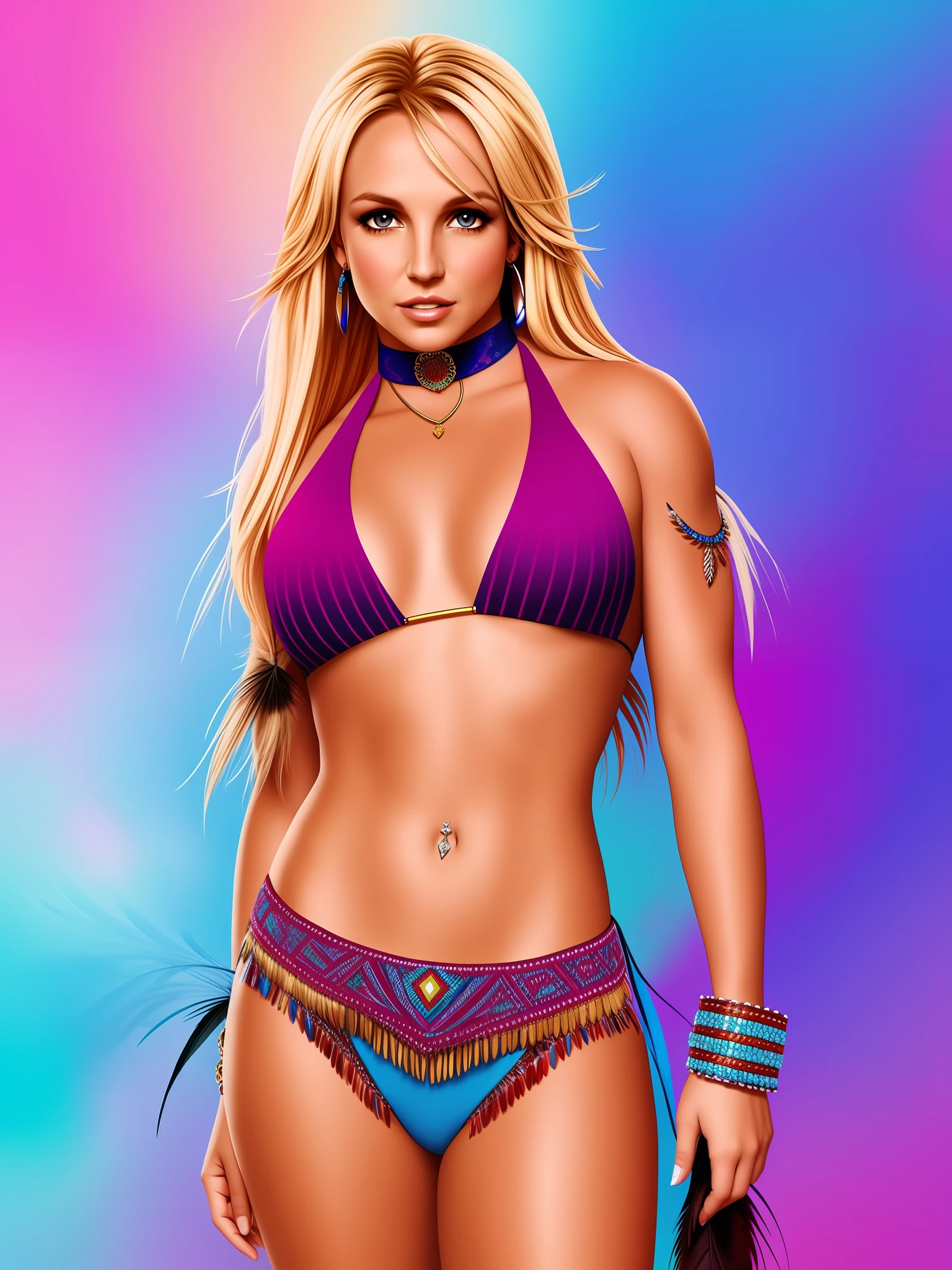 Britney Spears, full body 8K Native American beatuy, woman, blue eyes, drawn by ppublish, feather, colors