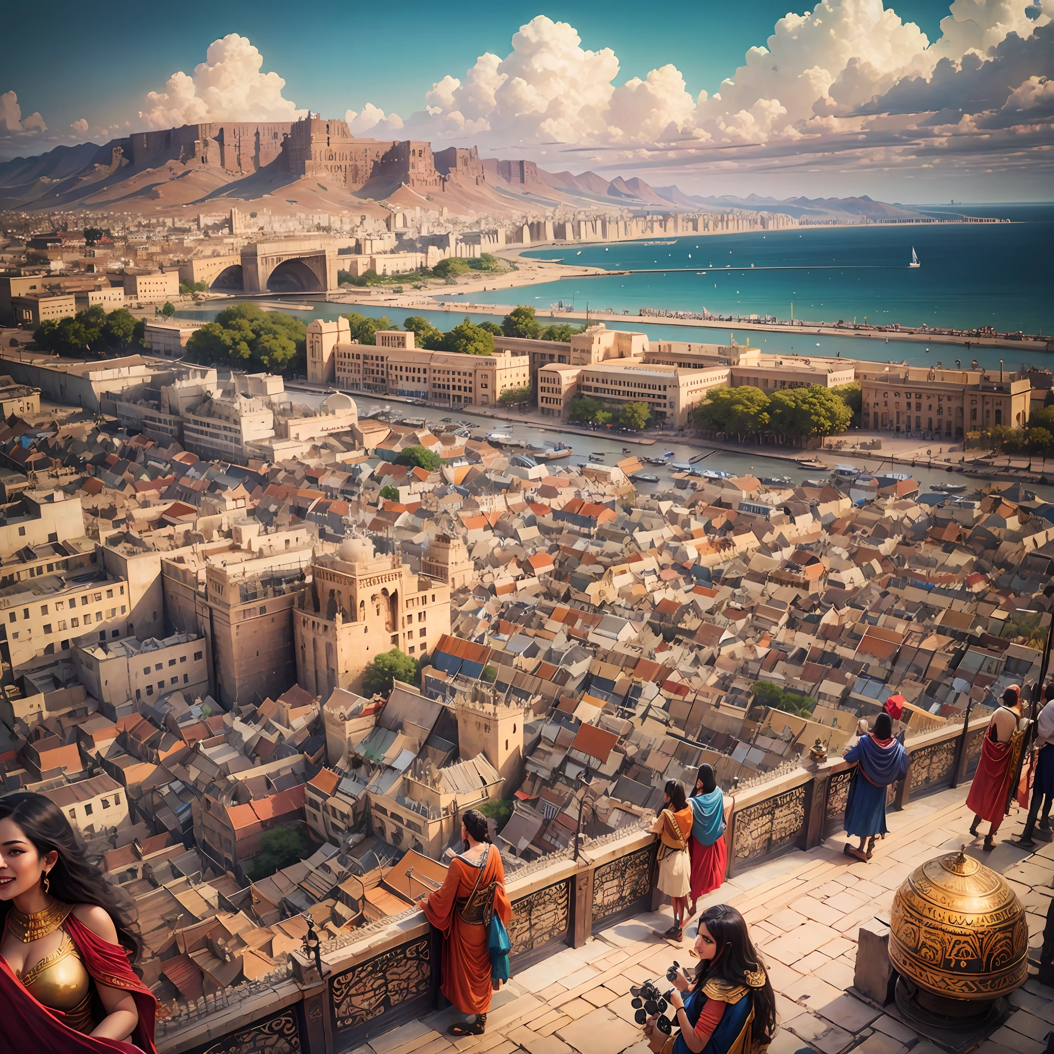 Babylon from above with its magnificent gate, people life happy around the city, photography, hd --auto --s2