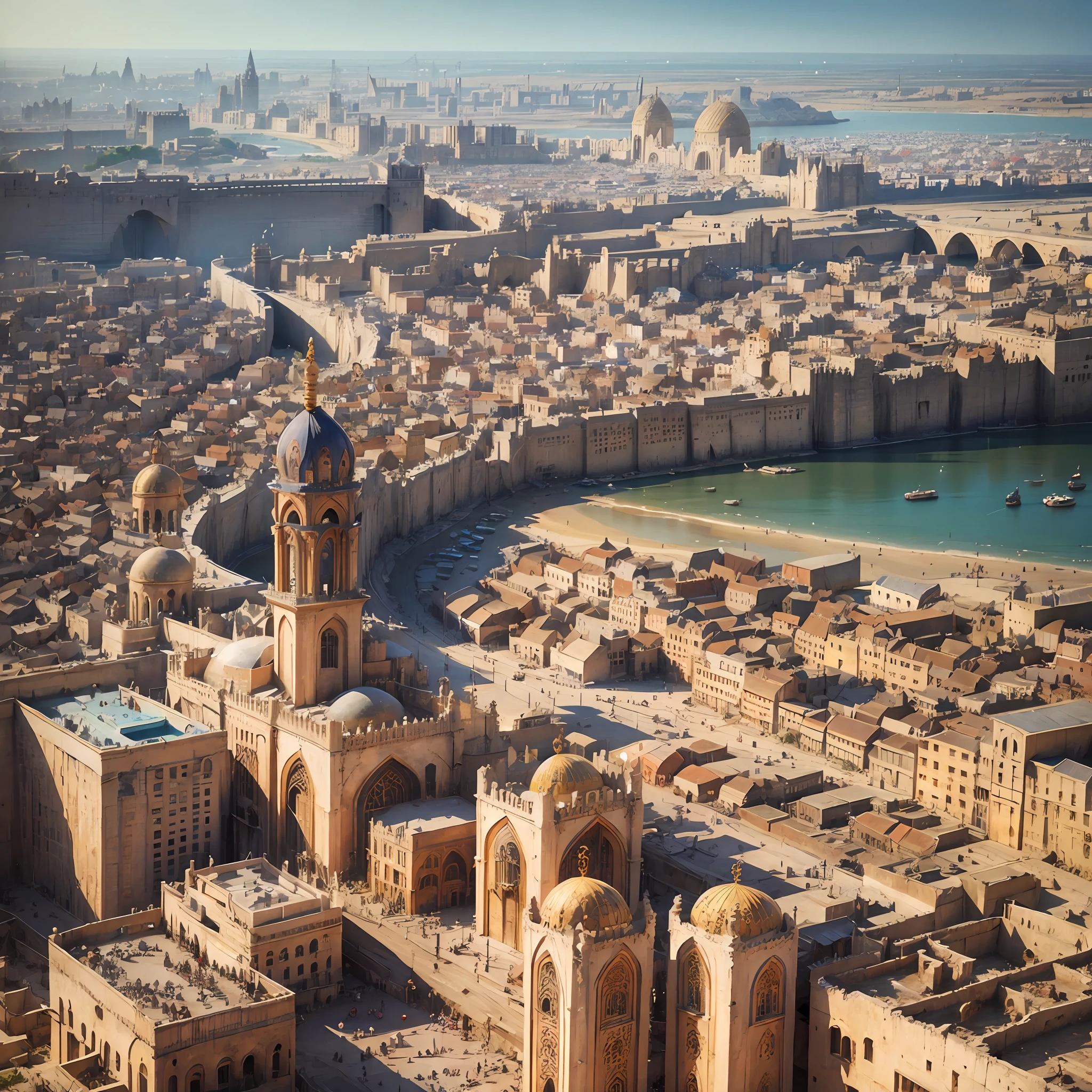 Babylon from above with its magnificent gate, people life happy around the city, photography, hd --auto --s2