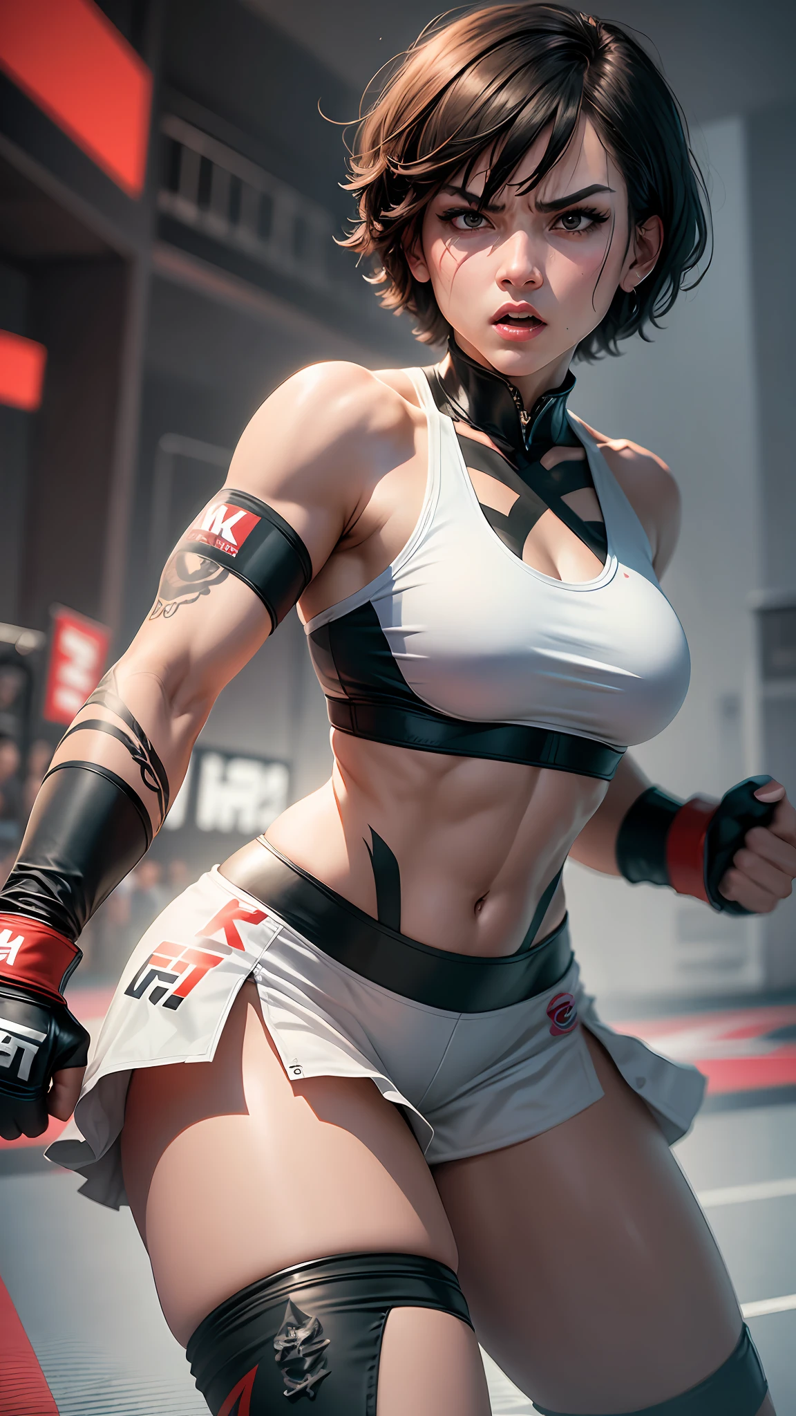 A woman with short hair, angry face, dressed as a fighter, MMA --auto --s2