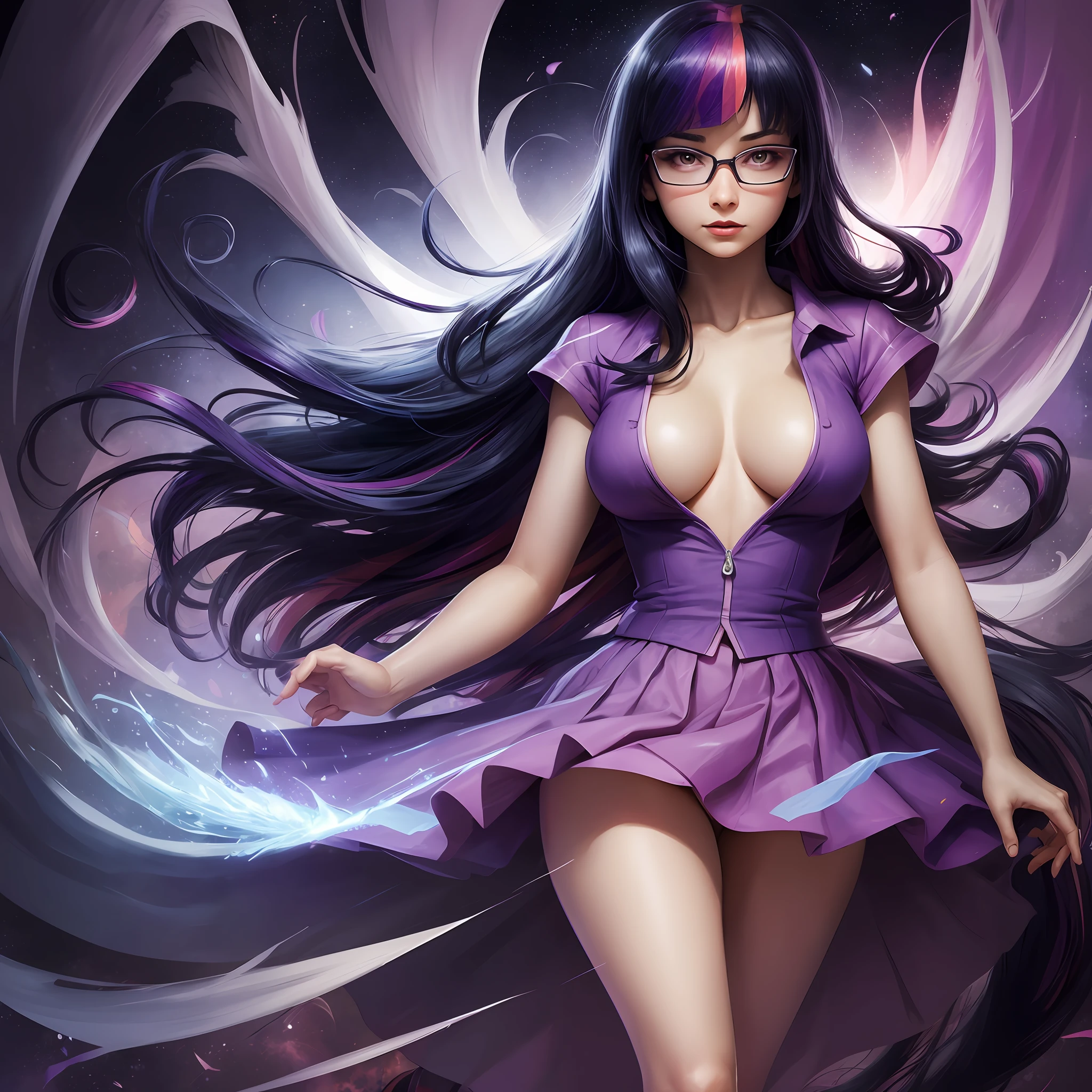 Twilight Sparkle, Twilight Sparkle from the cartoon May Little Pony, Twilight Sparkle in the form of a girl, long hair, voluminous breasts, Purple skirt, angry, Slavic appearance