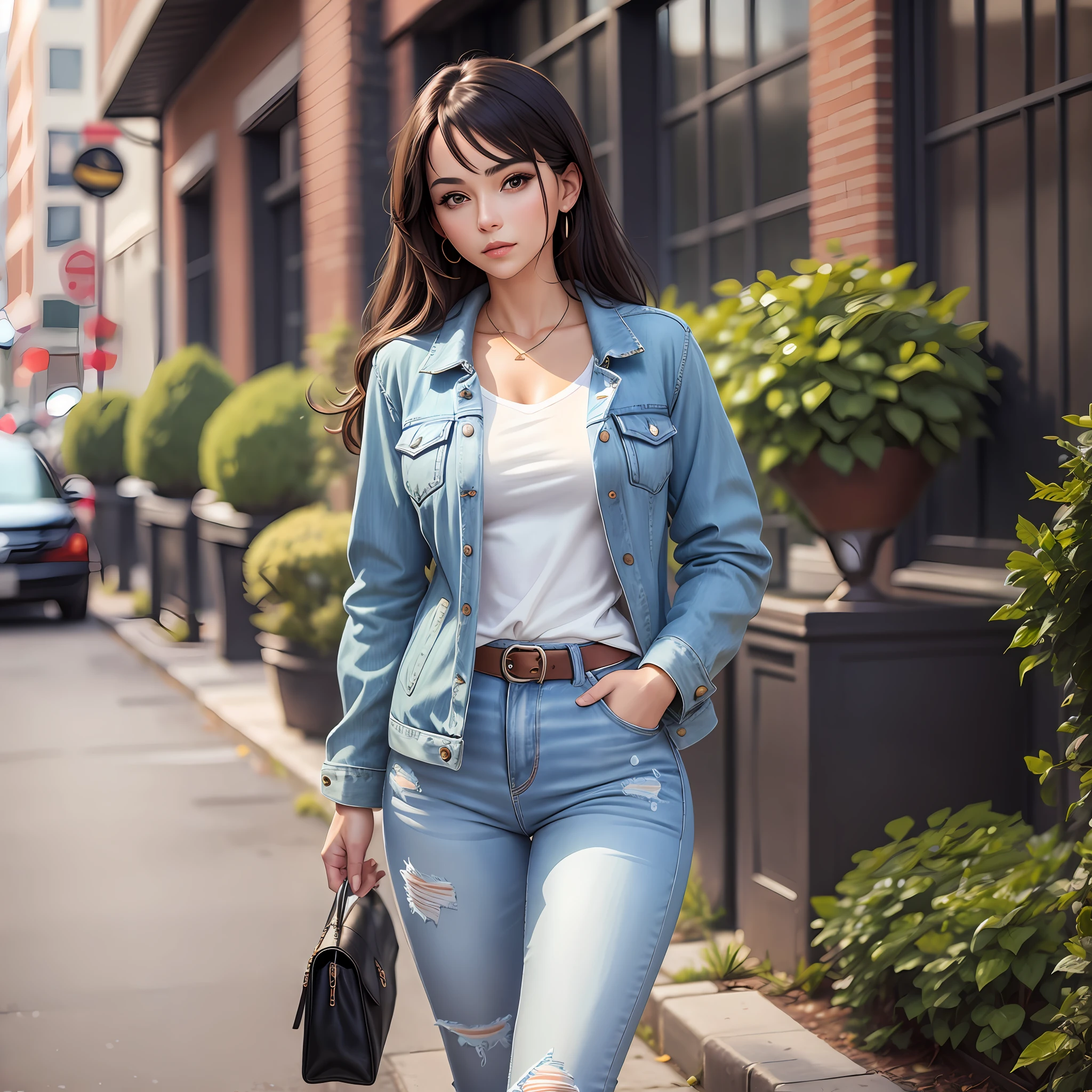 A beautiful woman in a casual jacket and jeans