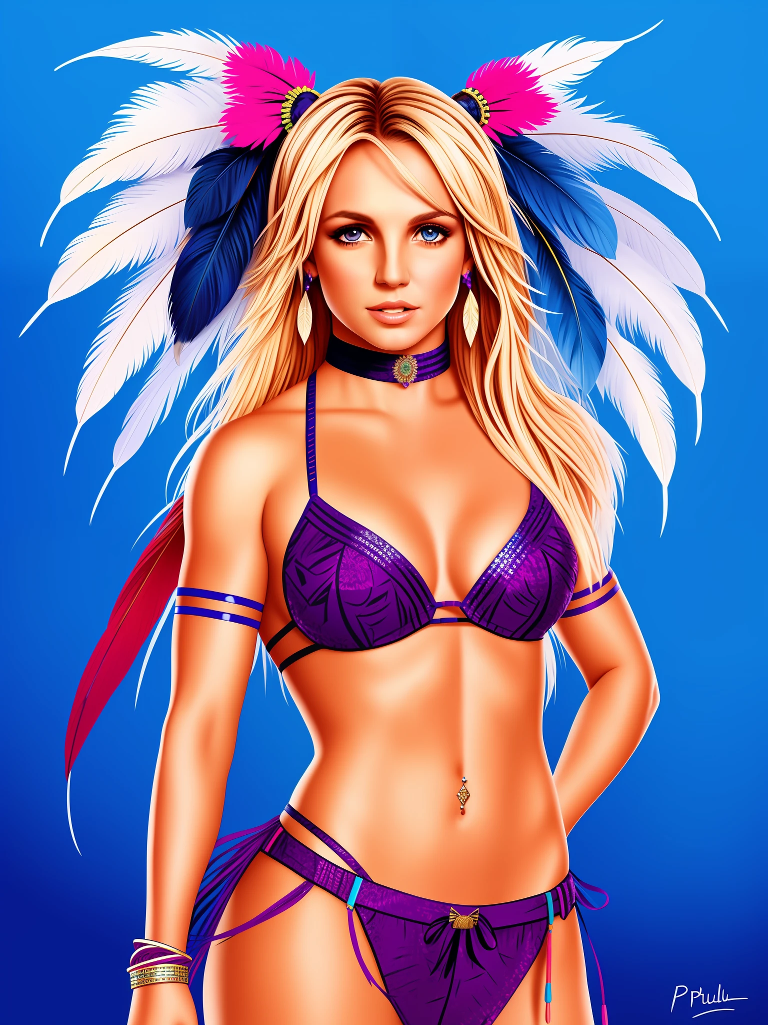 Britney Spears, full body 8K Native American beatuy, woman, blue eyes, drawn by ppublish, feather, colors